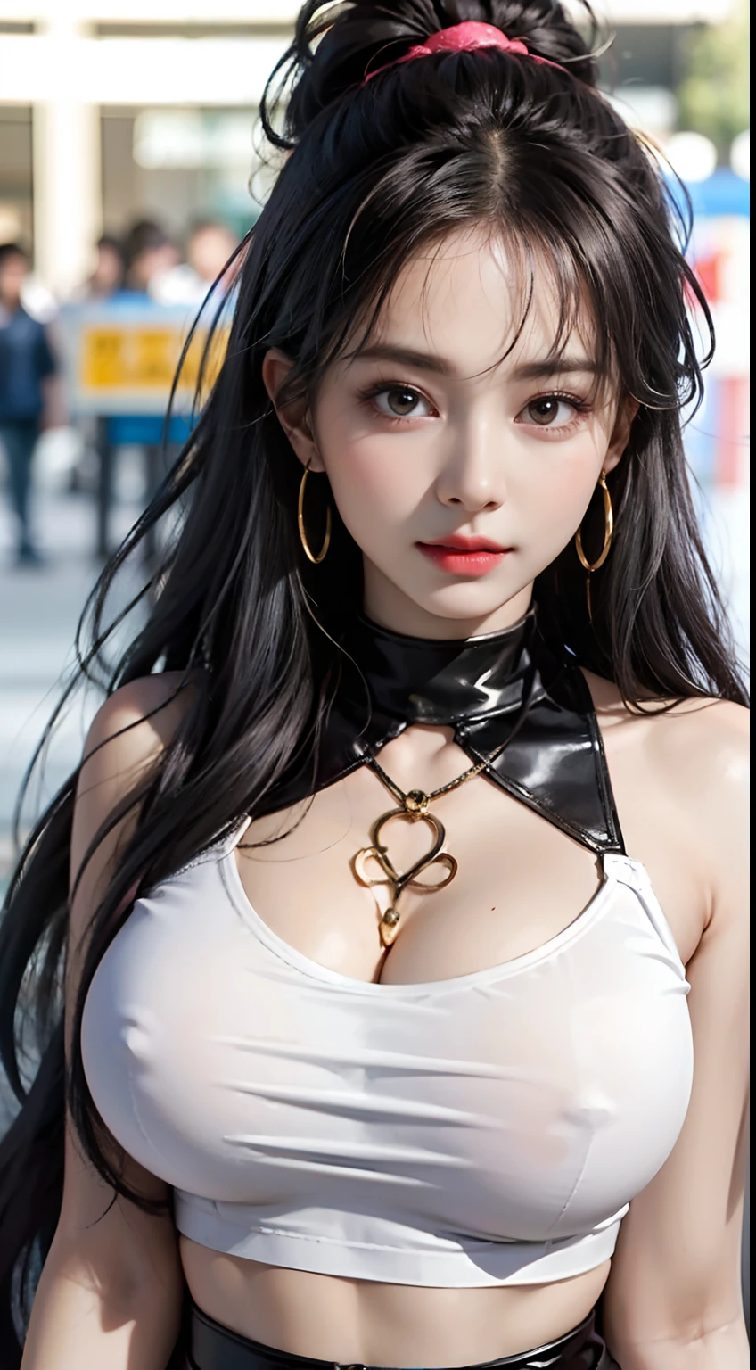 18-year-old schoolgirl, cute schoolgirl, beautiful girl, delicate and beautiful girl, delicate facial features, long-range portrait, 8K picture quality, extreme detail, detail portrayal, messy hair, (cute bangs), ponytail, flowing hair, black hair, slim face, perfect proportioned body, slim body, realism, super high resolution, master work 1, real texture, movie lighting realism, facial features, supple lips, ((pure desire makeup)), pure girl, first love, first love, shyness, Blush, shyness, innocent expression, summer, outdoors, ((street reality)), gaze at the camera, look at the viewer, (turtleneck sleeveless crop top), ((pink), leather wrapping, (huge breasts), sleeveless