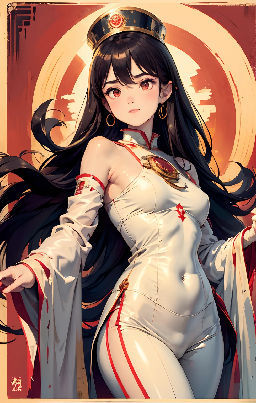 1girl, flat chested, cute, beautiful detailed eyes, shiny hair, visible through the hair, hair between the eyes, CCCPposter, sovietposter, red monochrome, Soviet poster, USSR, communism, black hair, red eyes, vampire ,girl,small breasts,spacesuit:Orange_clothing_body:jumpsuit ), white_gloves, white_space shoes, white_helmet, CCCP scarlet letters on the top of the helmet, weightlessness, Side light, reflection, the person in the spacesuit is at the bottom left of the picture, right hand outstretched, right hand Gently touch the Salyut space station), the space station in the upper right corner of the screen, the reflected light of the sun, silver metal, red flag, brilliance, Soviet style, diffuse reflection, metal texture, blue earth in the distance, mech style, star sea, high-profile, majestic
