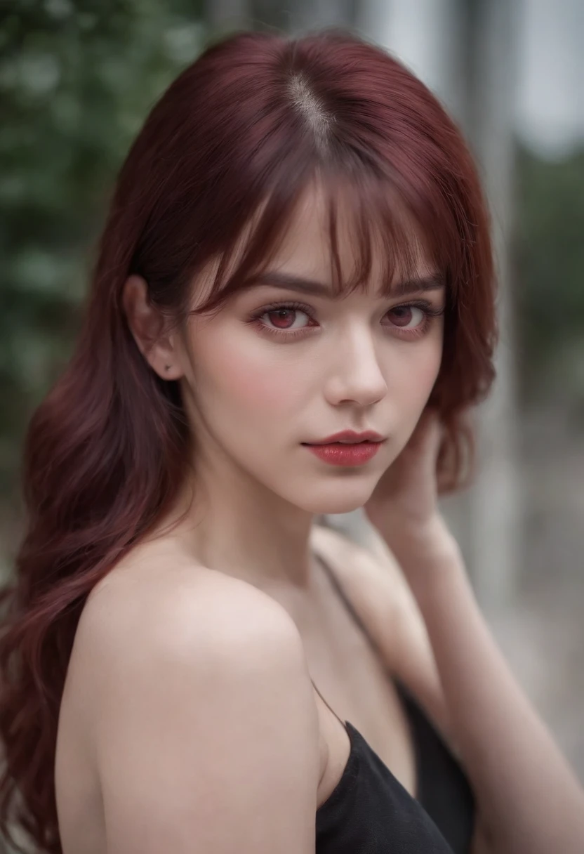 Woman around 18 years old, athletic body, muscular_body, woman_with_penis dark_red_hair naked red_eyes bangs_over_left_eye small_pink_lips