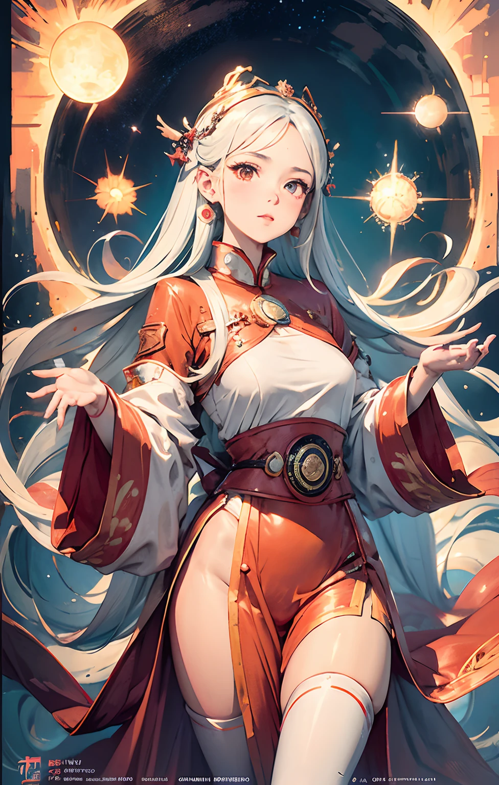 1girl, flat chested, cute, beautiful detailed eyes, shiny hair, visible through the hair, hair between the eyes, CCCPposter, sovietposter, red monochrome, Soviet poster, USSR, communism, black hair, red eyes, vampire ,girl,small breasts,spacesuit:Orange_clothing_body:jumpsuit ), white_gloves, white_space shoes, white_helmet, CCCP scarlet letters on the top of the helmet, weightlessness, Side light, reflection, the person in the spacesuit is at the bottom left of the picture, right hand outstretched, right hand Gently touch the Salyut space station), the space station in the upper right corner of the screen, the reflected light of the sun, silver metal, red flag, brilliance, Soviet style, diffuse reflection, metal texture, blue earth in the distance, mech style, star sea, high-profile, majestic
