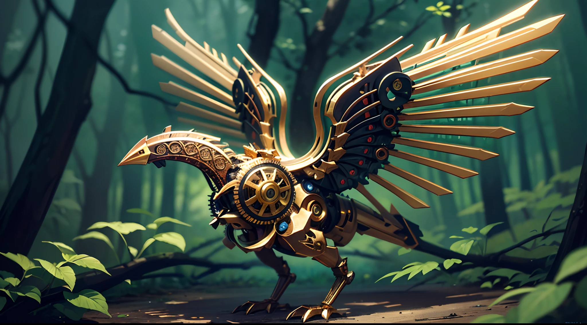 A mechanical bird, crafted with precision and adorned with ornate gears, takes flight in a clockwork forest. Its metallic wings beat in perfect synchrony, sending metallic echoes through the densely woven foliage of brass and copper trees. As it soars through this surreal realm, the bird's plumage of polished bronze gleams in the soft, perpetual twilight cast by countless pendulum-like branches. In this enchanted forest, every leaf is a cog, every tree a majestic timepiece. The mechanical bird becomes a symbol of both nature and artifice coexisting harmoniously, a testament to the artistry of the clockwork world. Best quality, intricate details, clean lines, eye-catching composition, soft tones, anime realism, capturing the essence of mechanical marvel amidst natural beauty, an awe-inspiring illustration