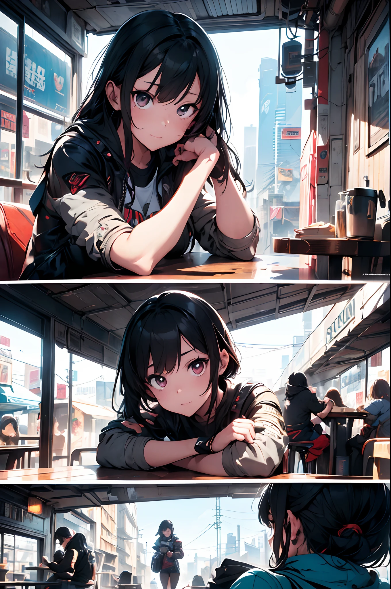 comic illustration, cyberpunk 2077, comicpanels, INFJ girl (introspective and quiet) sitting alone in a café, engrossed in a book. Best quality, intricate details, clean lines, eye-catching composition, anime realism, ample headroom, dynamic pose, third rules of photography, perfect illustration