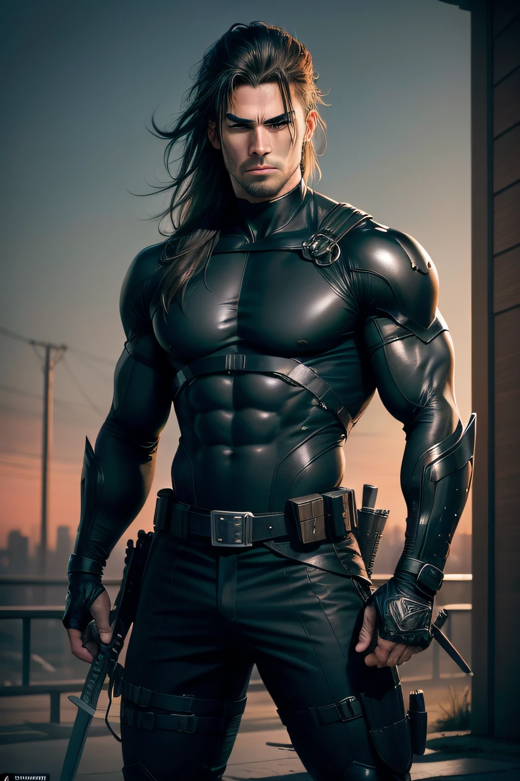 ((realistic: 1.5)),((best quality)), ((masterpiece)),((detailed)), male ninja, Vigilante, Caucasian American, handsome, photorealistic face, model length hair, attack position, ninja vigilante tactical superhero outfit, katana on the back, cracked skull in the middle of the chest as symbol, black and gray clothes, just outside of the city with evening cityscape in the background