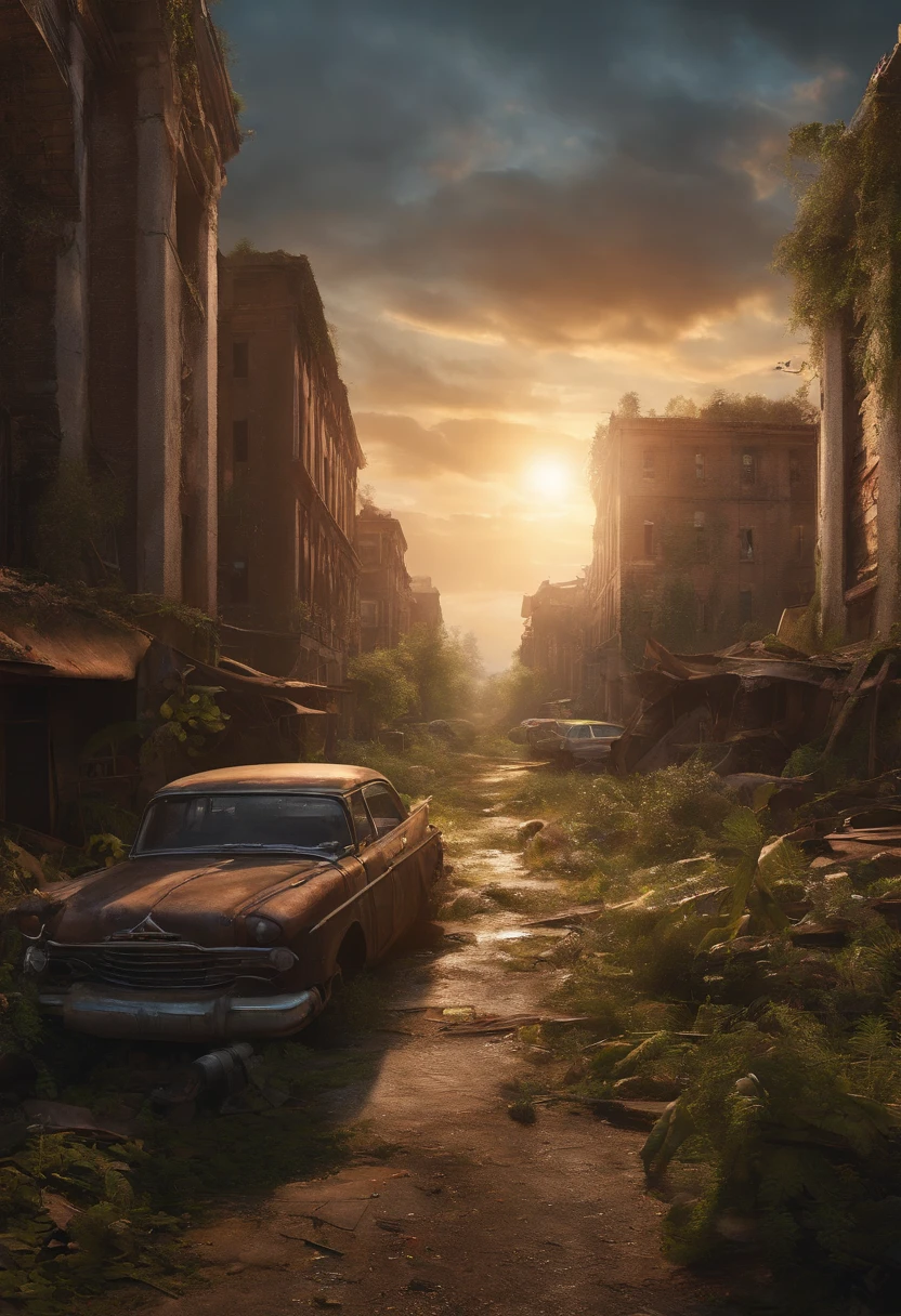 View Area 3d Abandoned City Post-apocalyptic world Abandoned cars Vegetation next to buildings Destroyed buildings Plane wreckage,high camera angles,The afterglow of the setting sun illuminates the streets,Highly detailed shadows