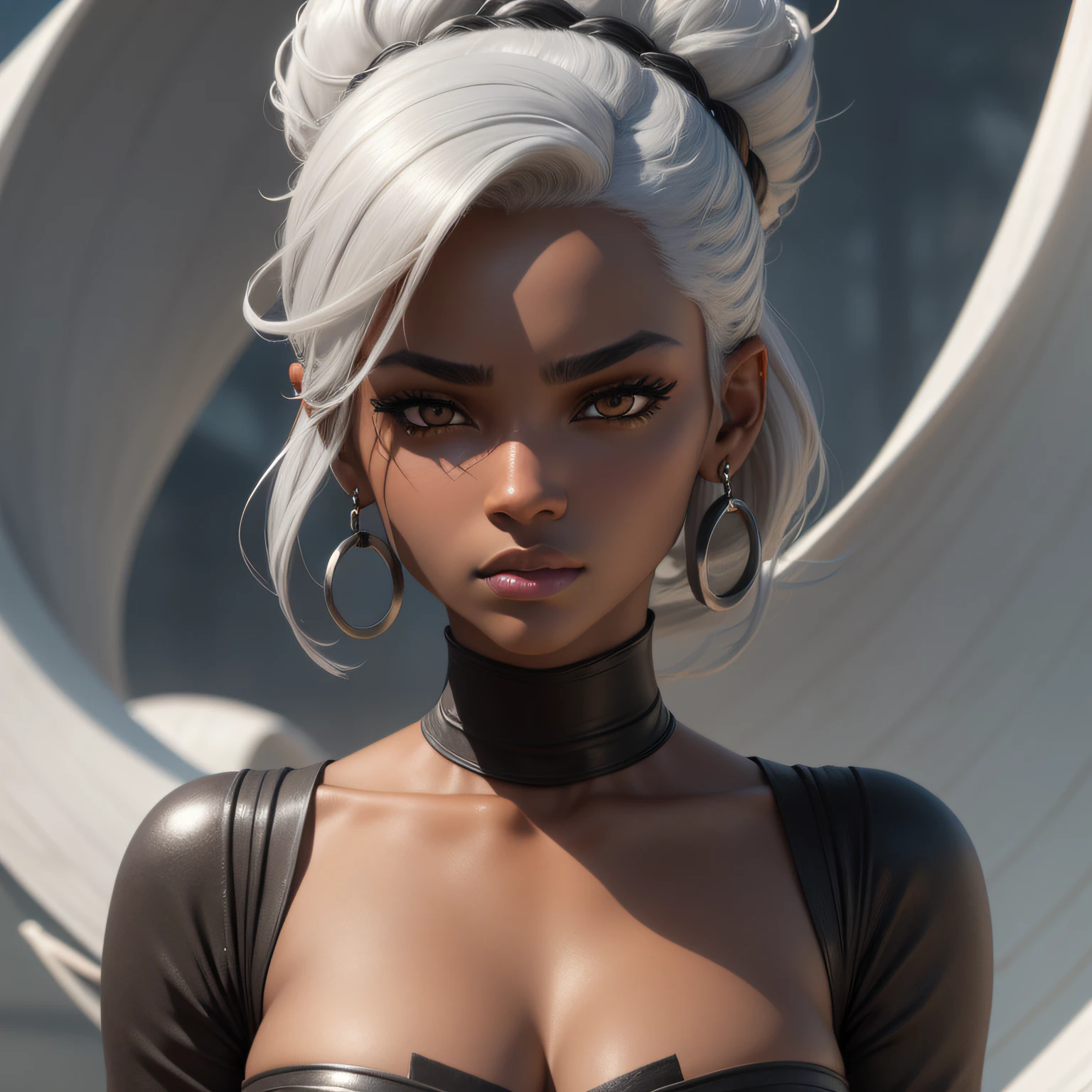 A closeup on the face of a 3d character with black skin and gray eyes with short gray hair and seductive look serious expression rounded chin with beautiful fleshy lips and thin nose shadow celha with a slight top cut the wind swings her hair gently showing the various silver earrings on her right ear