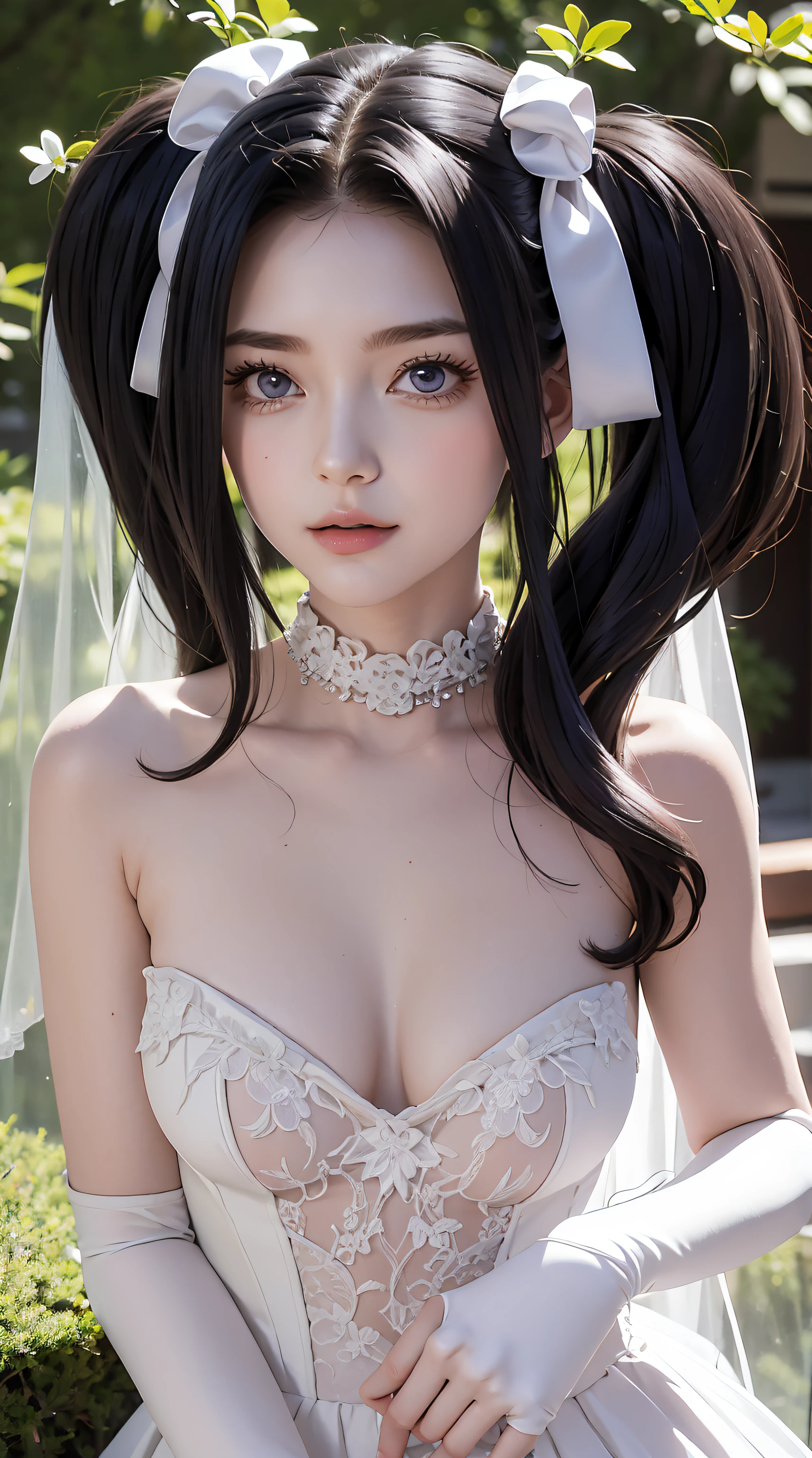 melty, 1girl, blue eyes, small breasts, eyes visible through hair, hair intakes, bangs, purple hair, bangs, forehead, very long hair, twintails, parted bangs, hair bow, hair ribbon, gloves, dress, cleavage, bare shoulders , collarbone, elbow gloves, white gloves, white dress, strapless, tiara, veil, strapless dress, wedding dress, bridal veil, beautiful woman, perfect body, perfect breasts, wearing a wedding dress, ball gown, being in a garden of trees, decoration wedding, looking at the viewer, slight smile, realism, masterpiece, textured leather, super detail, high detail, high quality, best quality, 1080p, 16k