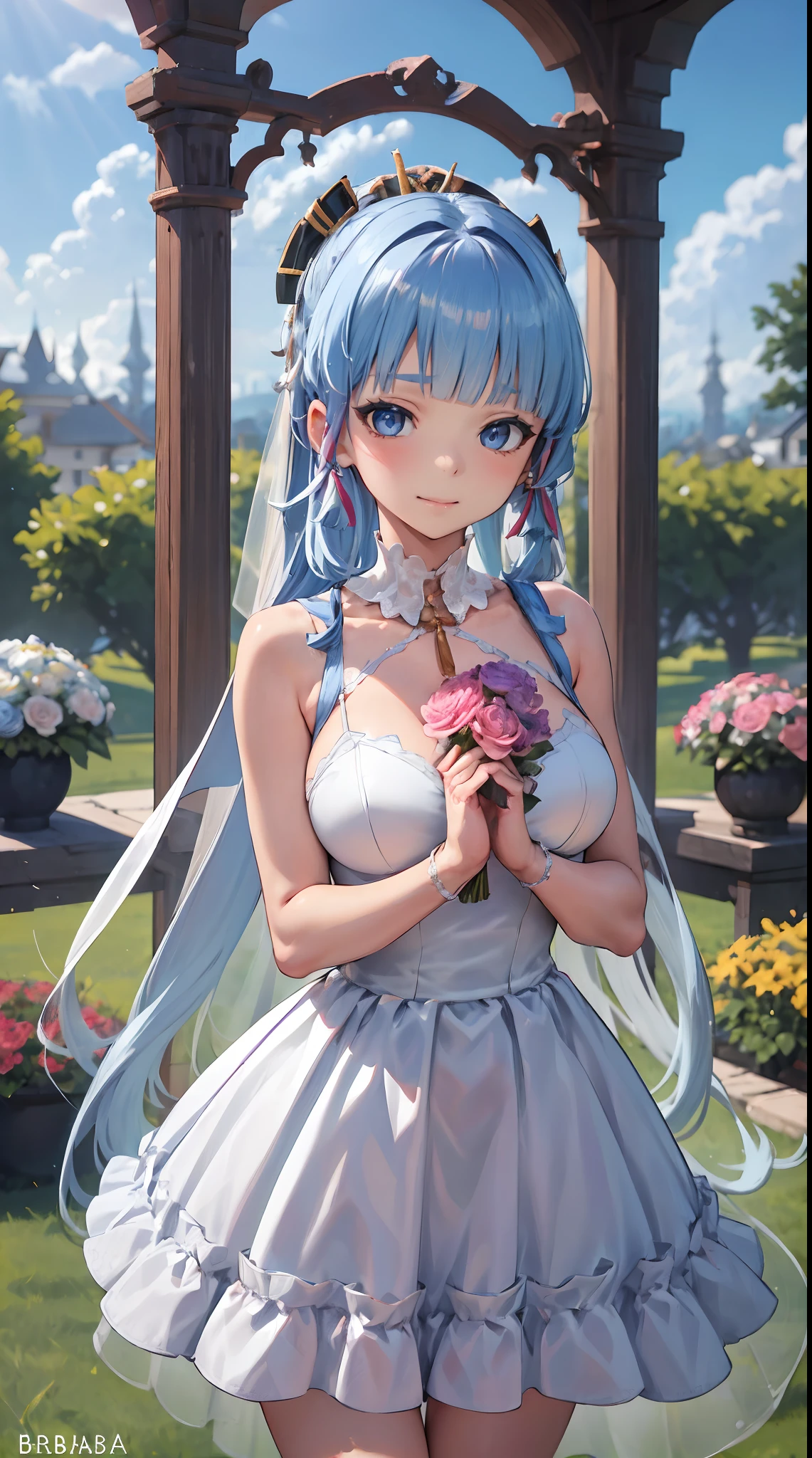 kamisato ayaka| genshin impact, master-piece, bestquality, 1girls,25 years old, proportional body, proportional., Wedding Dresses, White Wedding Dress, Long skirt, wedding, mediuml breasts, ,bara, Standing in the middle of a flower garden, outdoor, wedding, The sky is beautiful, Both hands hold a bouquet of flowers.........................................., View viewers from the front., Thigh strap, Head tilt, bored, 10, 10, HD, slight smile,