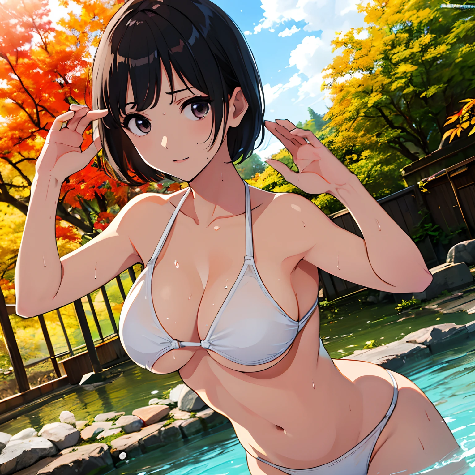 (Best Quality, 8K, masutepiece :1.3),((beautiful boob,Colored leaves,Dynamic Poses,a white bikini,Sheer swimsuit)),Highly detailed,(Sweat, Water droplets on the body),outdoor bath