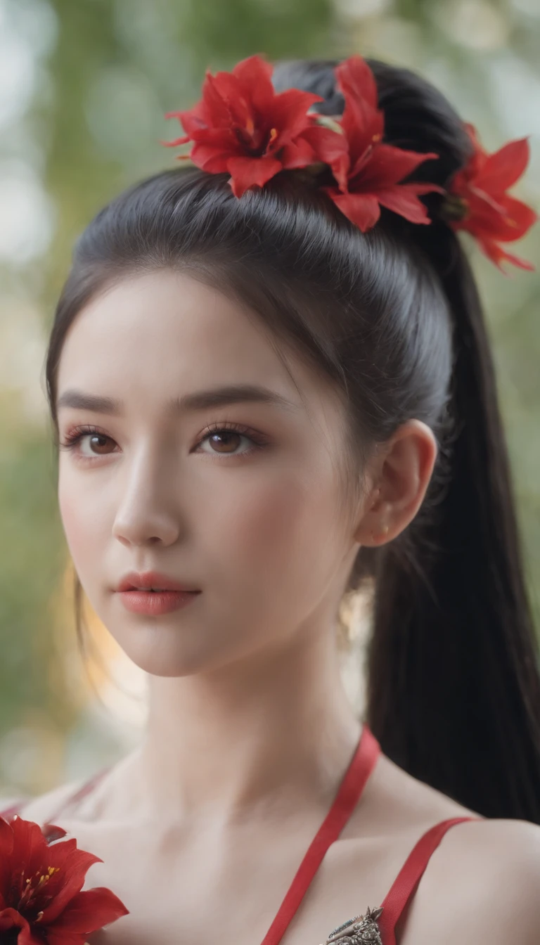 Godas, Solo, 1girll, Yellow_pupils, +_+, black_Hair, High_pony tails, Red_flower_Hair_decorations