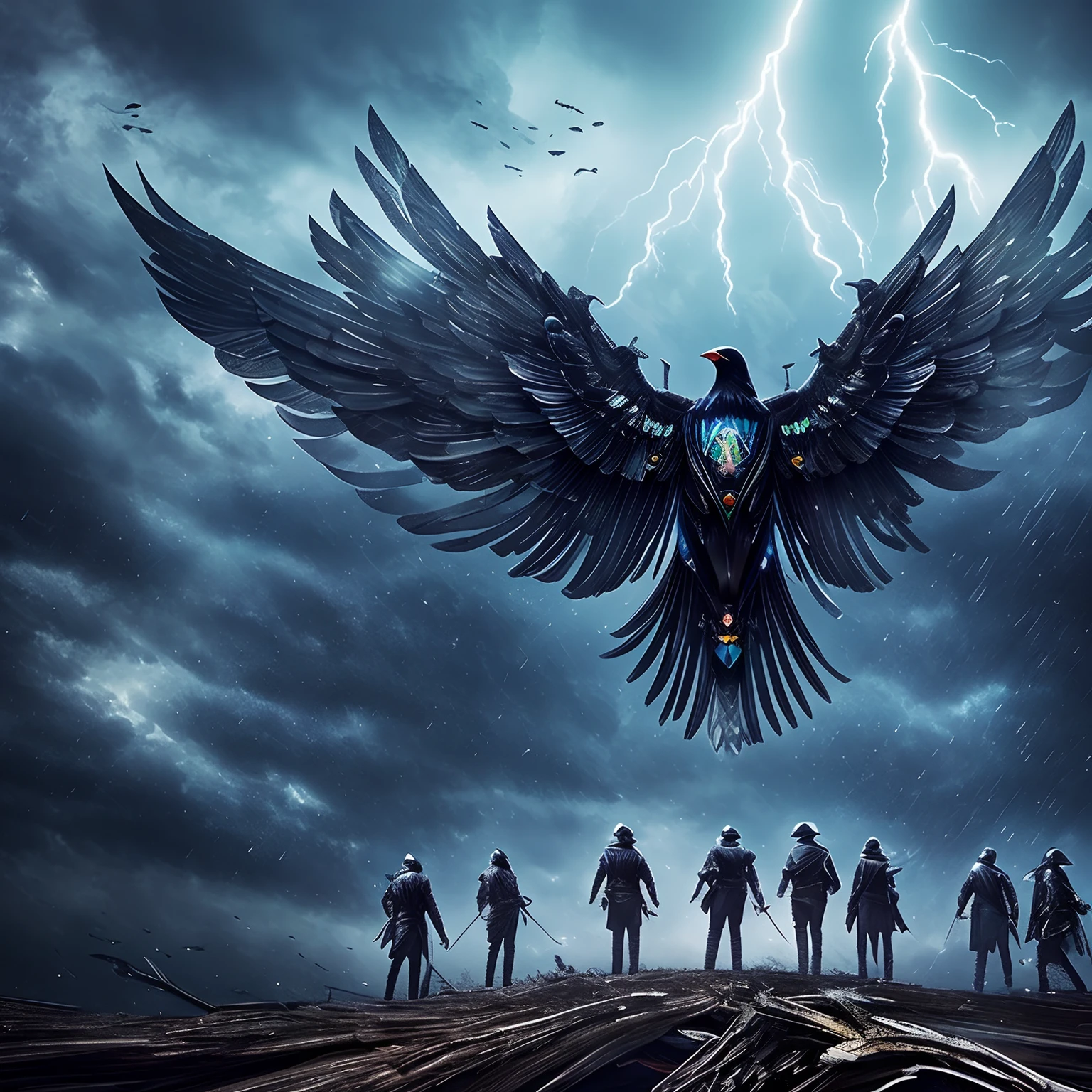 finest image, detailed and delicate depiction, mechanical crow birds, An iridescent chrome-plated android crow, mechanical body, spreading big wings, A group of people are staying on a dead tree and checking on us, background cloudy, rain, raindrops, thunder, lightning, dancing dark blue many petals, fear, serious, scary, creepy atmosphere, dark fantasy, professional lighting