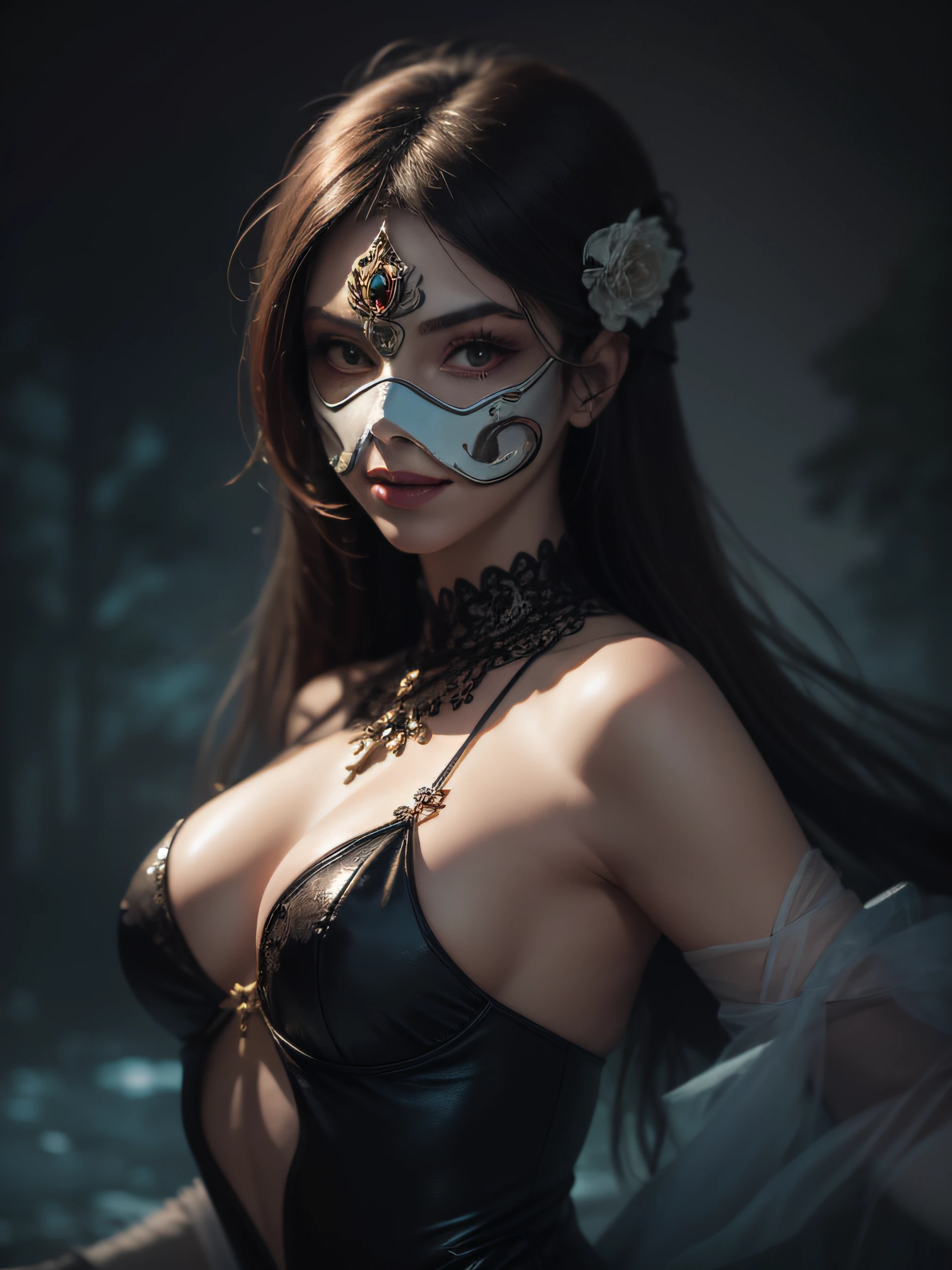A creepy and alluring lady with a haunting beauty and magnetic aura., misty waters, dance scene, crowed with masqurade mask,