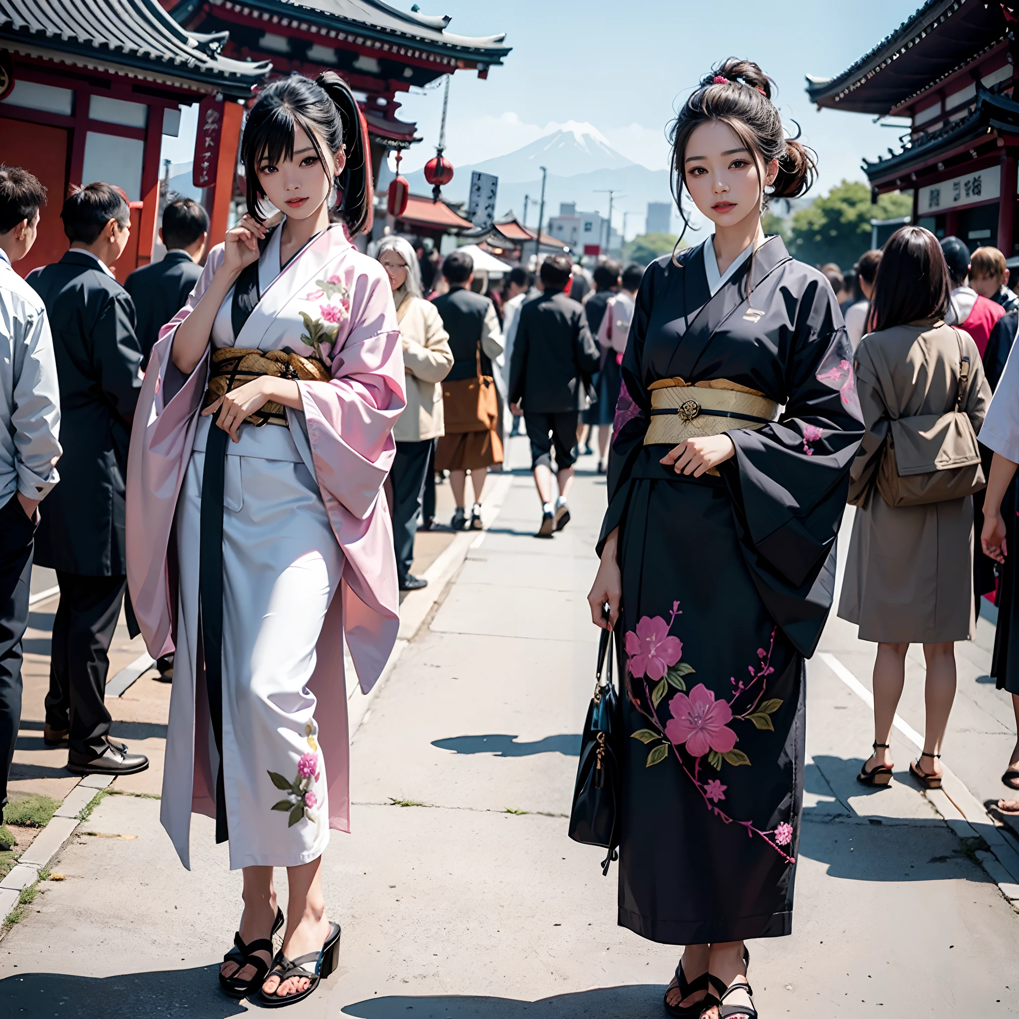 BRAEK,Background of details(Temples and shrines in Asakusa(Crowds)),BREAK,elaborate costume{Luxury kimono(Colorful kimono(detailed embroidery,))}、1womanl(Japanese actressl:1.2)(face perfect(Shy):1.2),Depicting a beautiful and classy adult woman,glossy dark hair(poneyTail:1.2),Heart in the eye, Wallpapers 16K,Blur the background with a sickle,((masutepiece)), ((Best Quality)),{{a portrait photo of}},full body Esbian
