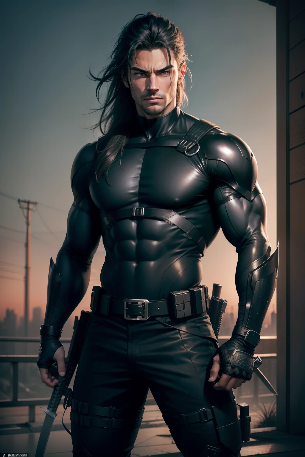((realistic: 1.5)),((best quality)), ((masterpiece)),((detailed)), male ninja, Vigilante, Caucasian American, handsome, photorealistic face, model length hair, attack position, ninja vigilante tactical superhero outfit, katana on the back, cracked skull in the middle of the chest as symbol, black and gray clothes, just outside of the city with evening cityscape in the background