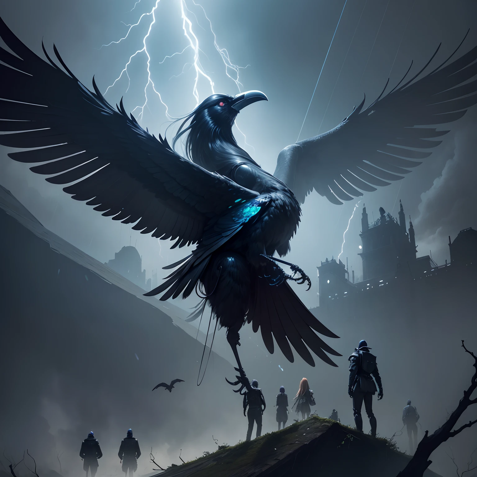 finest image, detailed and delicate depiction, mechanical crow birds, An iridescent chrome-plated android crow, mechanical body, spreading big wings, A group of people are staying on a dead tree and checking on us, background cloudy, rain, raindrops, thunder, lightning, dancing dark blue many petals, fear, serious, scary, creepy atmosphere, dark fantasy, professional lighting