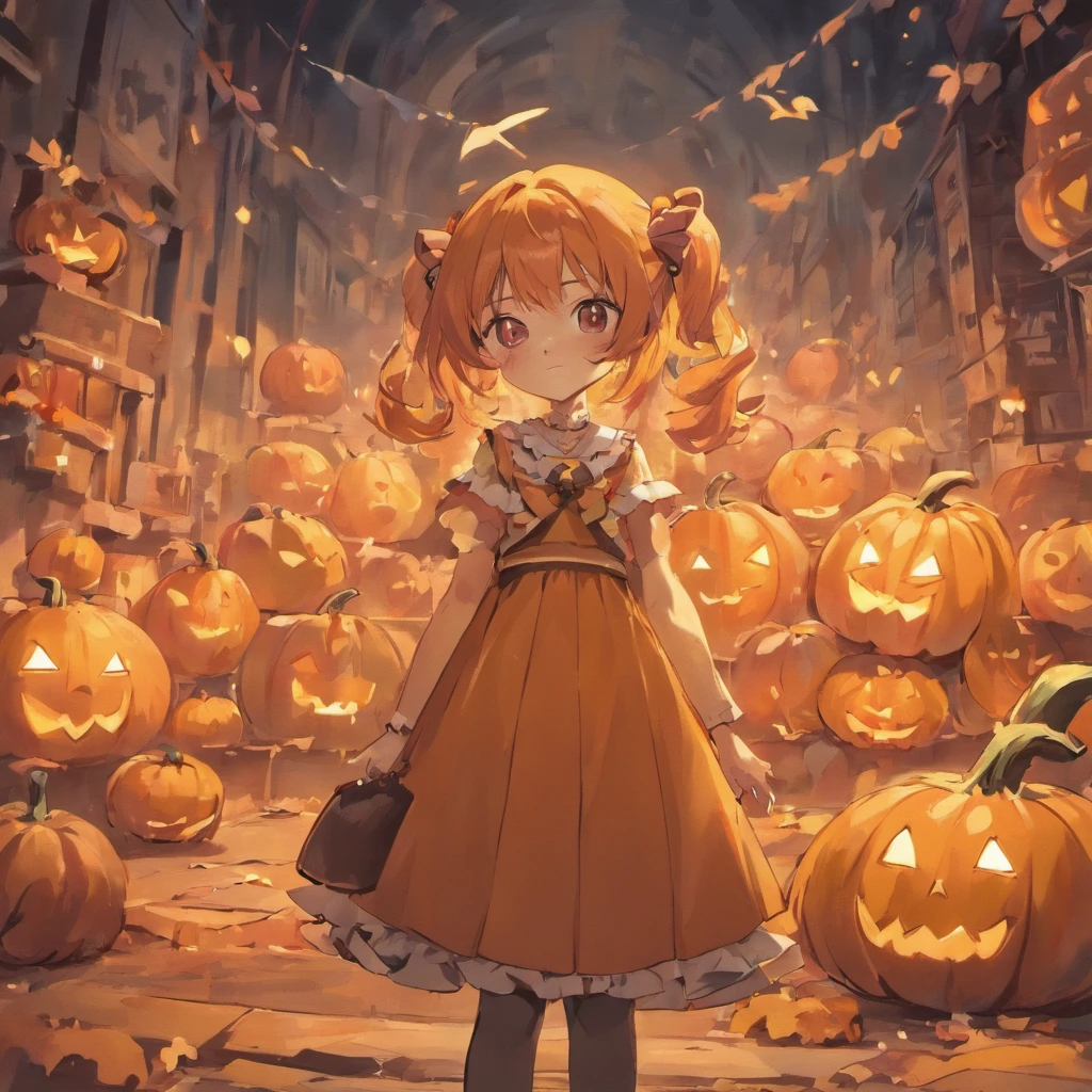 Close up of a cartoon character with pumpkin and a girl, small curvaceous loli, 🍁 Cute, small loli girl, 🍂 Cute, lovely dark autumn princess, pale young ghost girl, anime moe art style, halloween art style, witch clothes, in a halloween style, gothic maiden anime girl, loli in dress, the witch, Loli