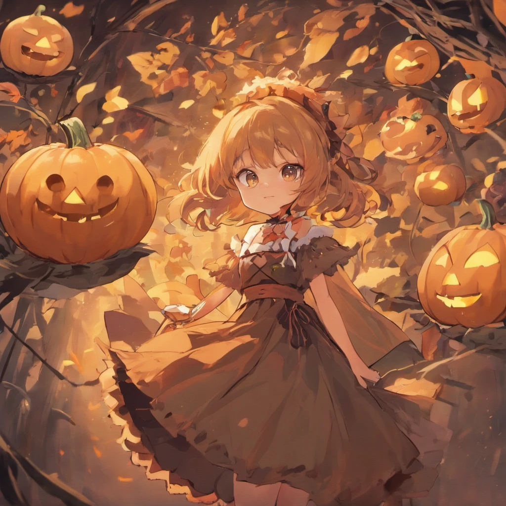 Close up of a cartoon character with pumpkin and a girl, small curvaceous loli, 🍁 Cute, small loli girl, 🍂 Cute, lovely dark autumn princess, pale young ghost girl, anime moe art style, halloween art style, witch clothes, in a halloween style, gothic maiden anime girl, loli in dress, the witch, Loli