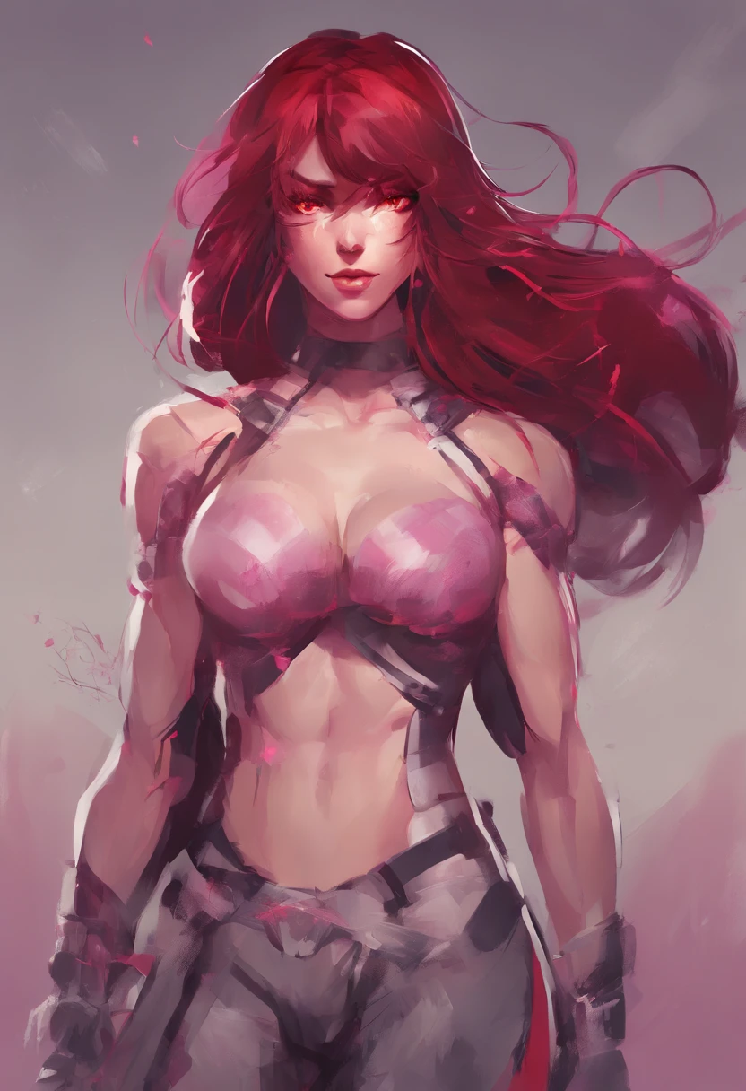 Woman around 18 years old, athletic body, muscular_body, woman_with_penis dark_red_hair long_hair naked red_eyes bangs_over_left_eye small_pink_lips no_scar six_pack_abs