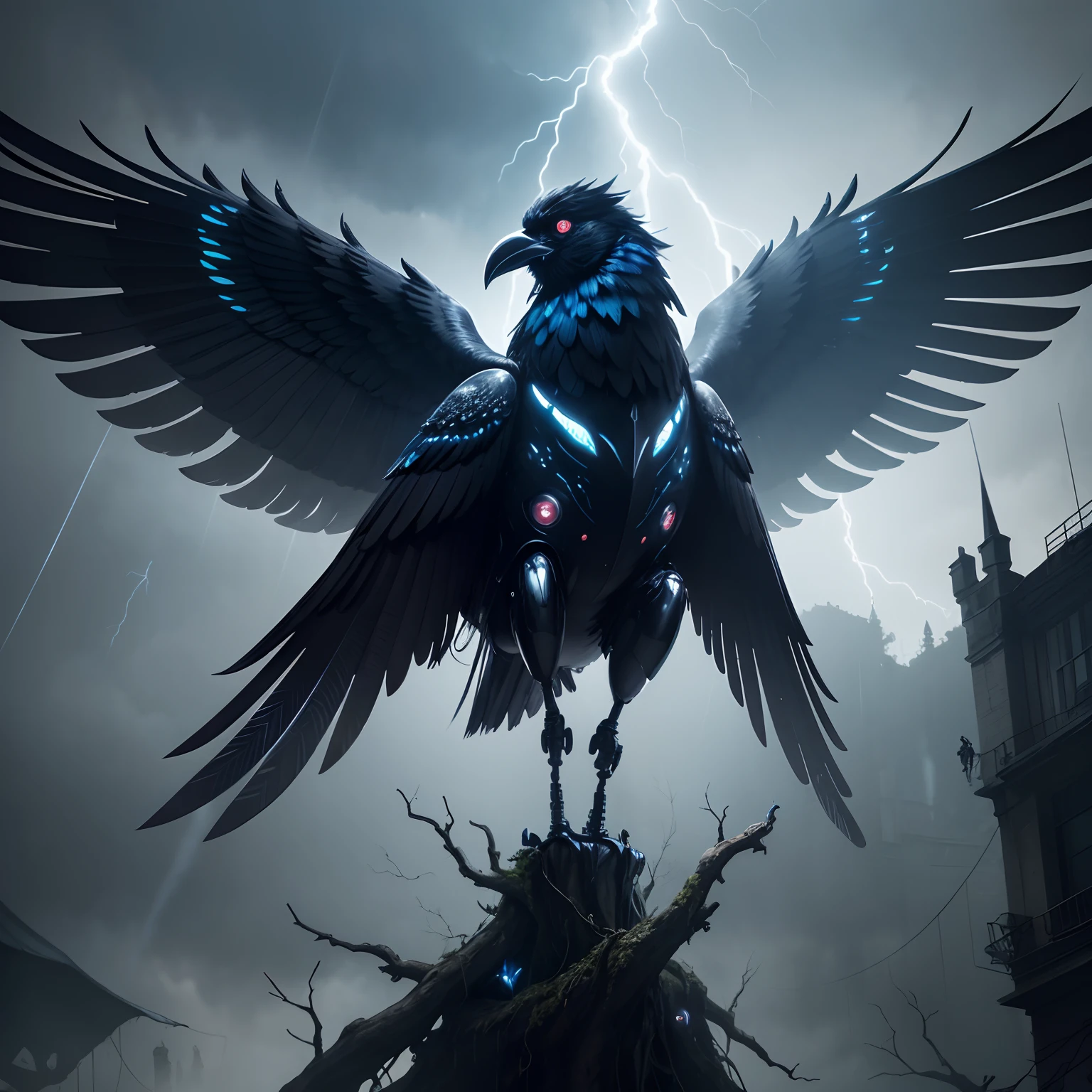 finest image, detailed and delicate depiction, mechanical crow birds, An iridescent chrome-plated mechanical body parts android crow, spreading big wings, A group of people are staying on a dead tree and checking on us, background cloudy, rain, raindrops, thunder, lightning, dancing dark blue many petals, fear, serious, scary, creepy atmosphere, dark fantasy, professional lighting