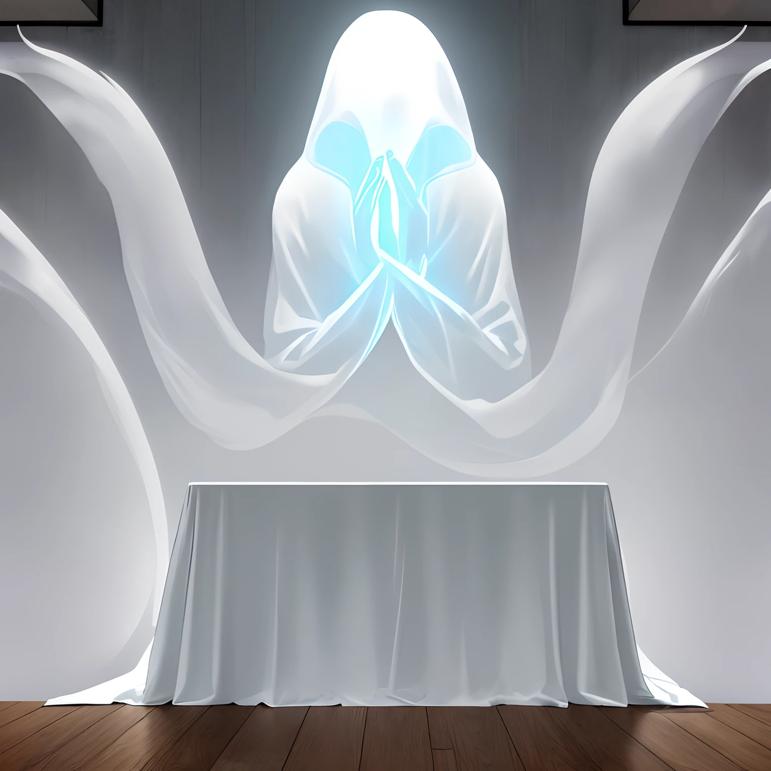 Sheet ghost sitting at table with elbows on table and chin resting in ghost sleeve hands. Sheet ghost sitting in the thinker position. Three quarter profile perspective.