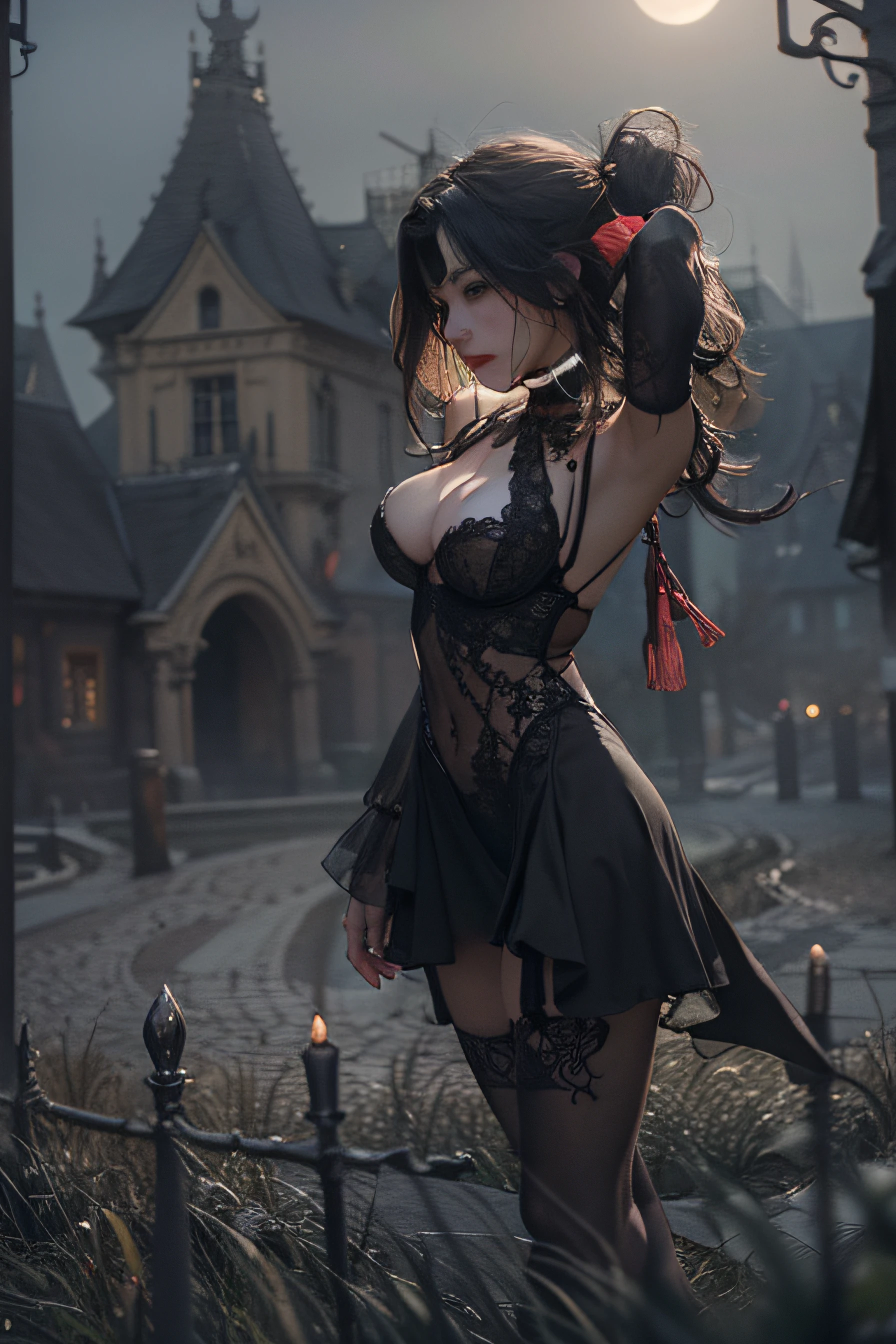 Generate (establishing-shot:1.5) (point-of-view:1.5) an image of an exceptionally attractive (young) (youthful) [goth] [emo] girl [countess bathory] standing in a gloomy transylvania village at night. In the distance, an eerie-looking castle looms on a hill, creating a haunting and atmospheric backdrop. The vampire girl possesses an alluring and strikingly (slim:1.5), (skinny) yet fit physique and [pale skin]. Her figure exudes grace and sensuality, with well-defined curves and a toned body. She has sleek, straight, short raven-black hair that flows to her shoulders, adding an element of allure and mystery to her appearance. Her (small breasts) are beautifully shaped, featuring centered 3D  on perfectly round areolas. Her slender form reveals visible abdominal muscles and defined hip bones, while her concave belly adds to her captivating charm and smooth abdomen. Her derriere accentuates her curves in a subtle and enticing manner. Her green eyes, upturned and set two inches apart, with a seductive, hypnotizing gaze that draws you in. Long, full eyelashes frame her eyes, enhanced with black eyeshadow and eyeliner, adding to her already beguiling allure. Her youthful delicate radiant (round face) is a masterpiece of delicate proportions, featuring a small nose and high cheekbones that add an elegant touch. Her [small heart shaped lips] in [mischievous smile], with a narrow appearance, are glossy bloody red and parted in a seductive pout, revealing pearly white (fangs) that radiate lust and charm. Wearing tattered [tunic] and black [choker] and silver locket In this eerie village scene, the night is shrouded in darkness, with fog rolling through the winding dark cobblestone street by the [gallows]. Dimly lit moon cast a faint, eerie glow, creating an unsettling ambiance. The girl in tempting (seductive pose) by the [gallows] at the heart of this atmospheric setting, emanating an aura of enigmatic allure and supernatural power. The distant gothic castle on the hi