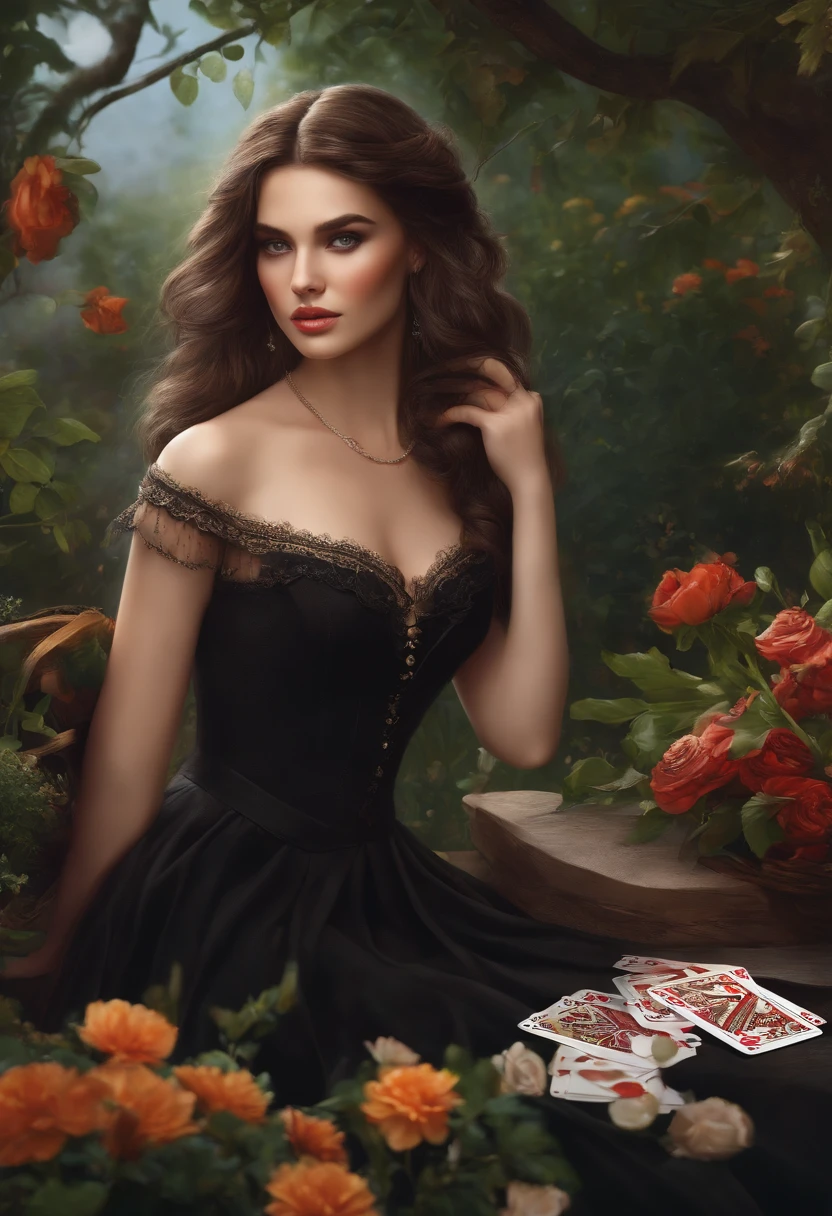 A girl in a garden, playing poker against death himself, using beautifully illustrated cards(medium:1.1, detailed), under a soft and warm sunset light. The girl's eyes are piercing and expressive [beautiful detailed eyes], her lips are seductive and full [beautiful detailed lips]. She is dressed in a stylish black dress, with flowing hair and a confident expression on her face. The garden around her is filled with vibrant flowers and lush greenery. The quality of the image should be of the highest standards [best quality, 4k, highres, ultra-detailed]. The overall style should be a combination of dark fantasy and realism, with vivid and rich colors [realistic, fantasy:1.2, vibrant colors]. The lighting should be warm and dramatic, casting interesting shadows and giving depth to the scene.