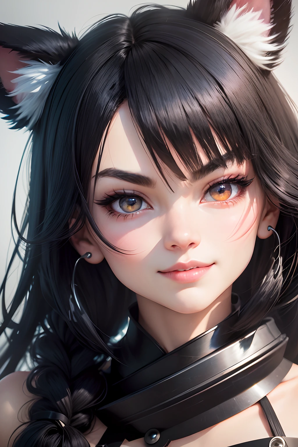 black hair, hair bobbles, wince, longeyelashes, solid circle eyes, fake animal ears, light smile, ear blush, fang, raised eyebrows, Surrealism, drop shadow, anaglyph, stereogram, tachi-e, pov, atmospheric perspective, Surrealism, Futurism, 8k, super detail, ccurate, best quality, UHD