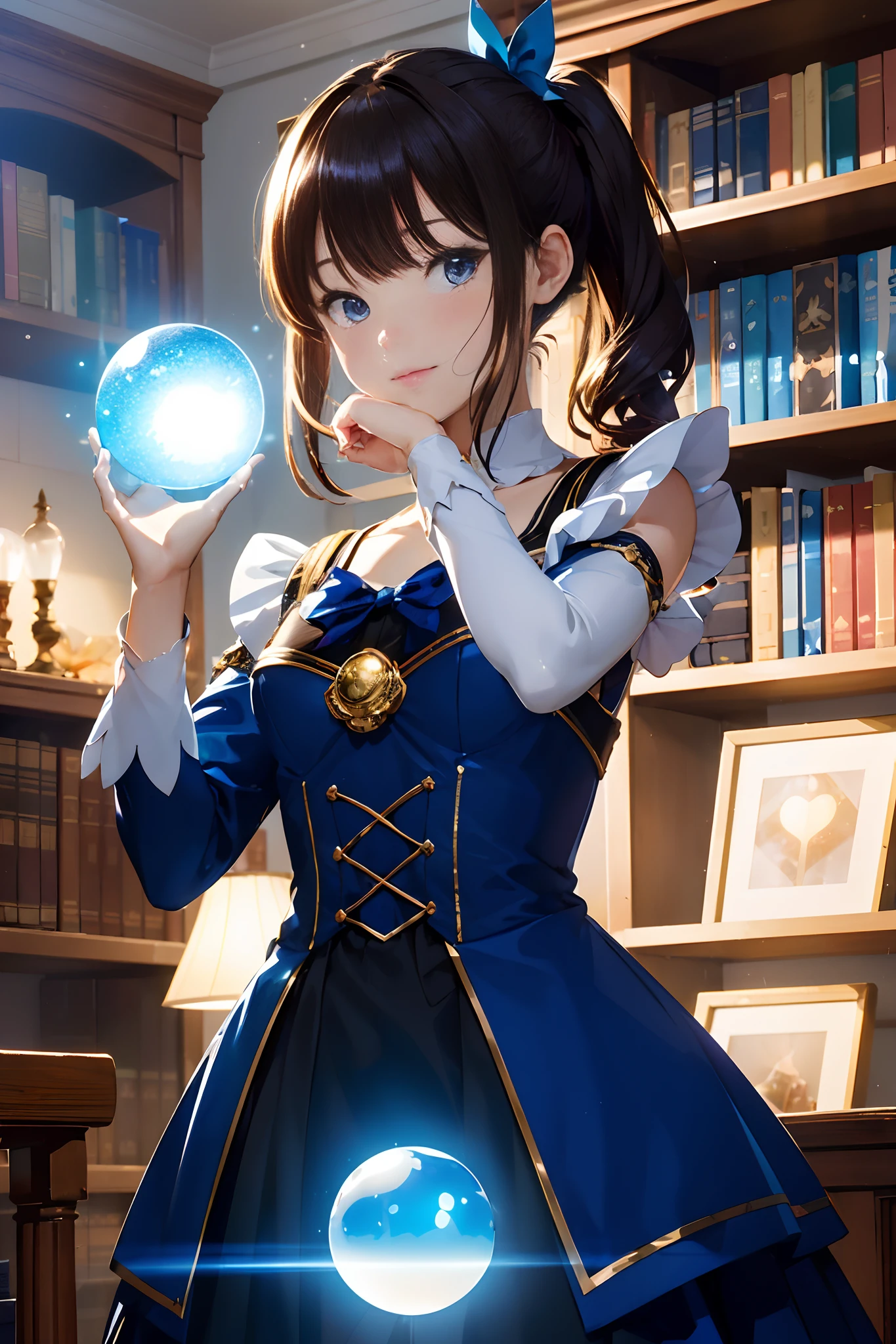 (in 8K,  Best Quality,  masutepiece:1.2,  ultra-detailliert:1.2),  (Realistic:1.5,photorealistic:1.2,Dutch Angle:1.2, NSFW), hight resolution, Best lighting,Best shadow, (1 cute girl:1.3),(16yo:1.2),(((Very shiny little blue magic ball with aura floating in the palm of your hand:1.8,Palm facing up:1.8))),((brown hair with ribbon:1.5,short twintail hair:1.2)),Face Focus,(((Detailed black eyes:1.5,best hand:1.5,Best fingers:1.5,The best body:1.5))),
BREAK
, magical girl,  Manipulation of light, 
BREAK
, photo manipulation, Changed reality, fantastical scenes, Digital Artistry, Creative editing, evocative narratives, striking visuals,(((Magic Workshop:1.5,Lots of bookshelves:1.2,A dimly glowing book:1.2))),
BREAK
, Kinetic Art, Cinematic works, dynamic motion, Engineering ingenuity, Captivating visuals
