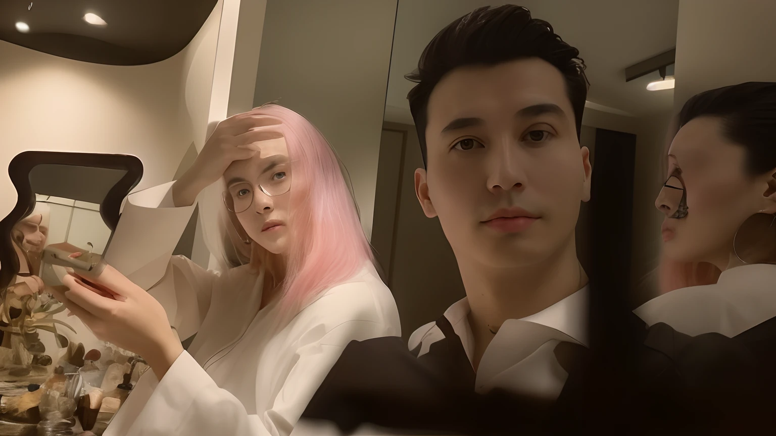 there is a man and woman taking a selfie in a mirror, ruan jia and brom, profile pic, smooth in _ the background, profile image, 😭🤮 💔, low quality photo, very very low quality picture, profile photo, 🤬 🤮 💕 🎀, photo portrait, 😭 🤮 💕 🎀, dang my linh, jin shan and ross tran