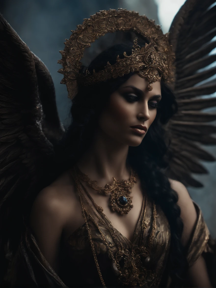 Figura angelical ultrarrealista: Um anjo macho (todavia sem sexo e sem rosto) com asas abriu uma melancolia, Dark smoke setting , mostrando todo o seu corpo e suas asas