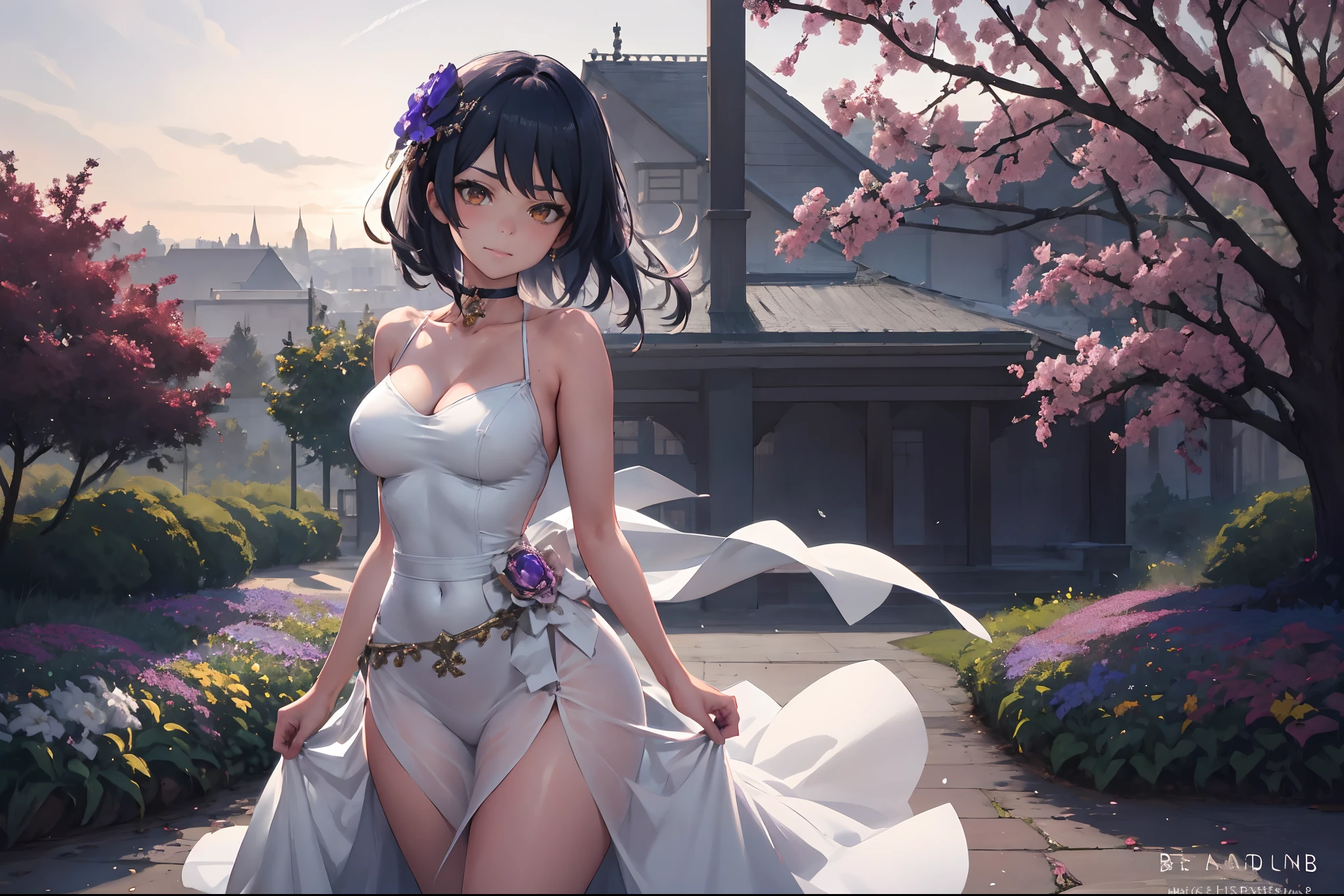 Kujou Sara| genshin impact, master-piece, bestquality, 1girls,25 years old, proportional body, proportional., Wedding Dresses, White Wedding Dress, Long skirt, Big skirt, mediuml breasts, ,bara, choker, Standing in the middle of a flower garden, outdoor, The sky is beautiful, arm behind back, View viewers from the front., Thigh strap, Head tilt, bored, HD, slight smile,