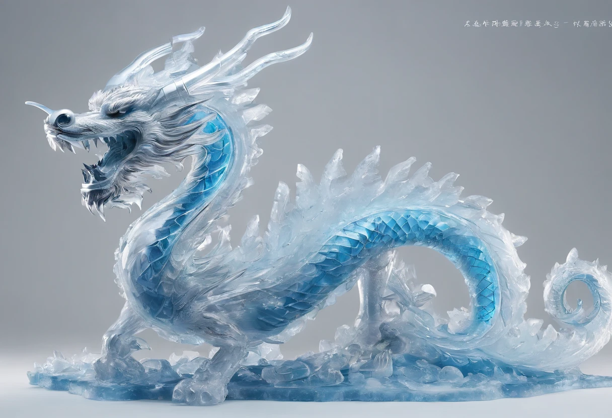 (ice - carving:1)、crystal-clear、Anatomically correct、Circling Chinese dragon、full bodyesbian、Masterpiece ice sculpture Chinese dragon、number art、Interior light and shadow、simply white background、Heavy fog、Long wavy body、fanciful、Frost、chinese dragon concept art、No missing feet、high high quality、The is very detailed、tmasterpiece、Epic ice sculptures