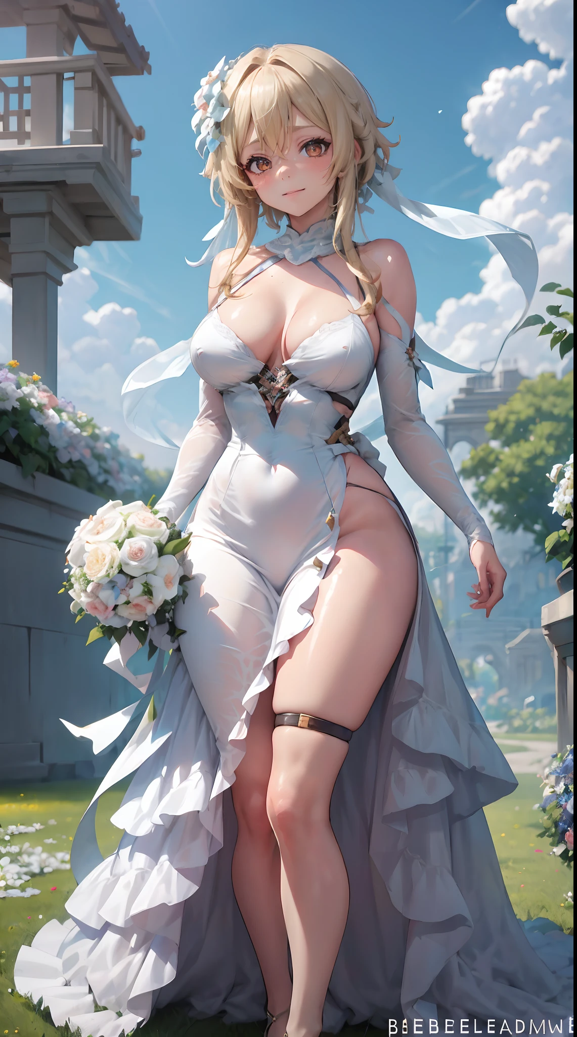 Lumine | genshin impact, master-piece, bestquality, 1girls,25 years old, proportional body, proportional., Wedding Dresses, White Wedding Dress, Long skirt, wedding, mediuml breasts, ,bara, Standing in the middle of a flower garden, outdoor, wedding, The sky is beautiful, Both hands hold a bouquet of flowers...................................., View viewers from the front., Thigh strap, Head tilt, bored, 10, 10, HD, slight smile,