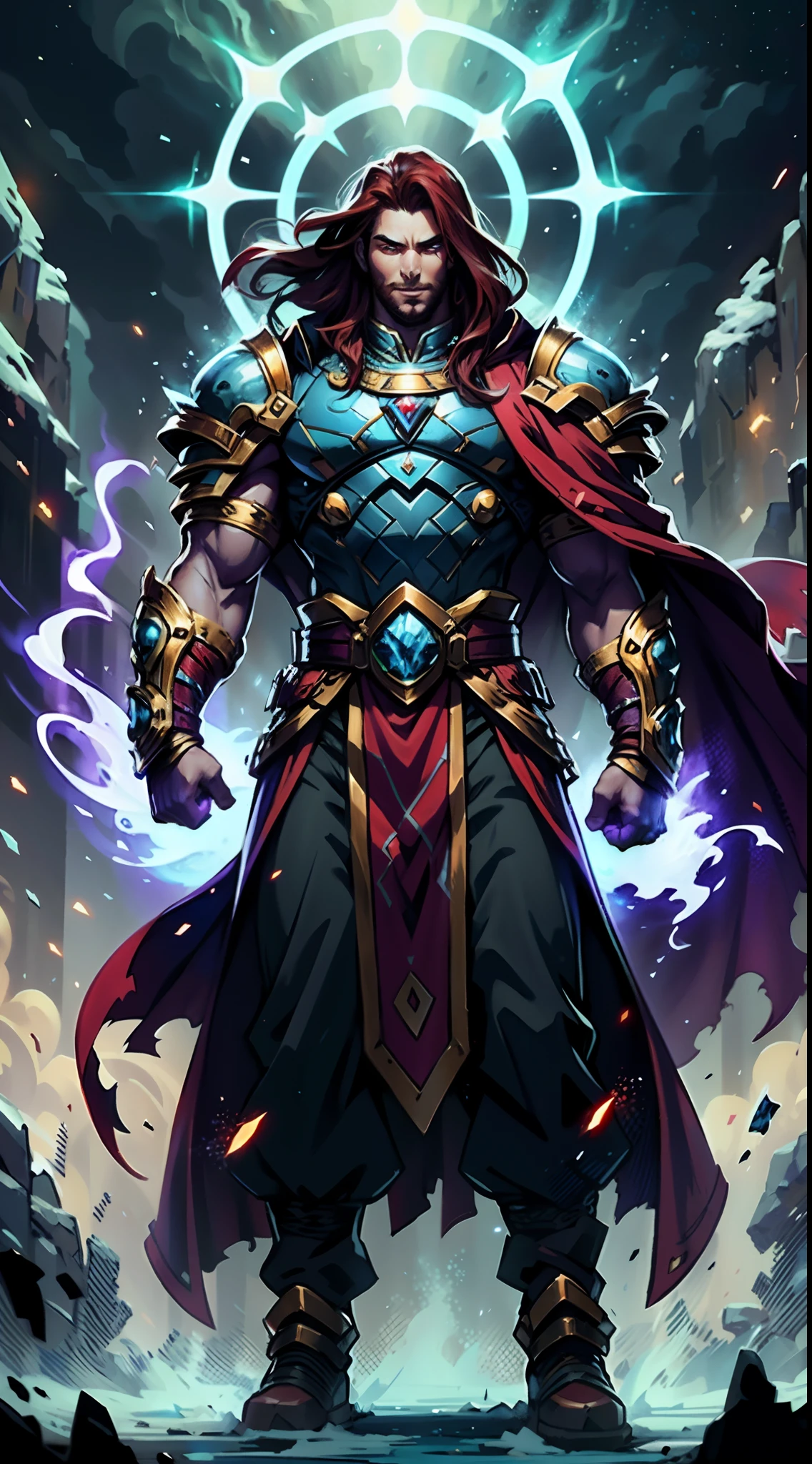 A man with long reddish-brown hair, wearing a red headband, an Eastern European face, deep and confident eyes, a confident smile, a red elongated totem mark on his face, a tall and strong physique, he wears a fantasy-style overlord attire, a blue-gold thick breastplate, a black tight-fitting undershirt, a massive cloak with heavy metal decorations, that cloak covers most of his body, thick red and blue heavy gauntlets, a metal belt with a thick long skirt-like hem, black pants, metal leg guards that match the gauntlets, he steps on the space with an awe-inspiring presence, red and blue and green energy surrounds him, red and blue and green Power surrounds him, white frost swirls around him, blue ice around him, red fire around him, purple Lightning around him, this character embodies a finely crafted fantasy-style overlord in anime style, characterized by an exquisite and mature manga illustration art style, high definition, best quality, highres, ultra-detailed, ultra-fine painting, extremely delicate, professional, anatomically correct, symmetrical face, extremely detailed eyes and face, high quality eyes, creativity, RAW photo, UHD, 8k, Natural light, cinematic lighting, masterpiece:1.5