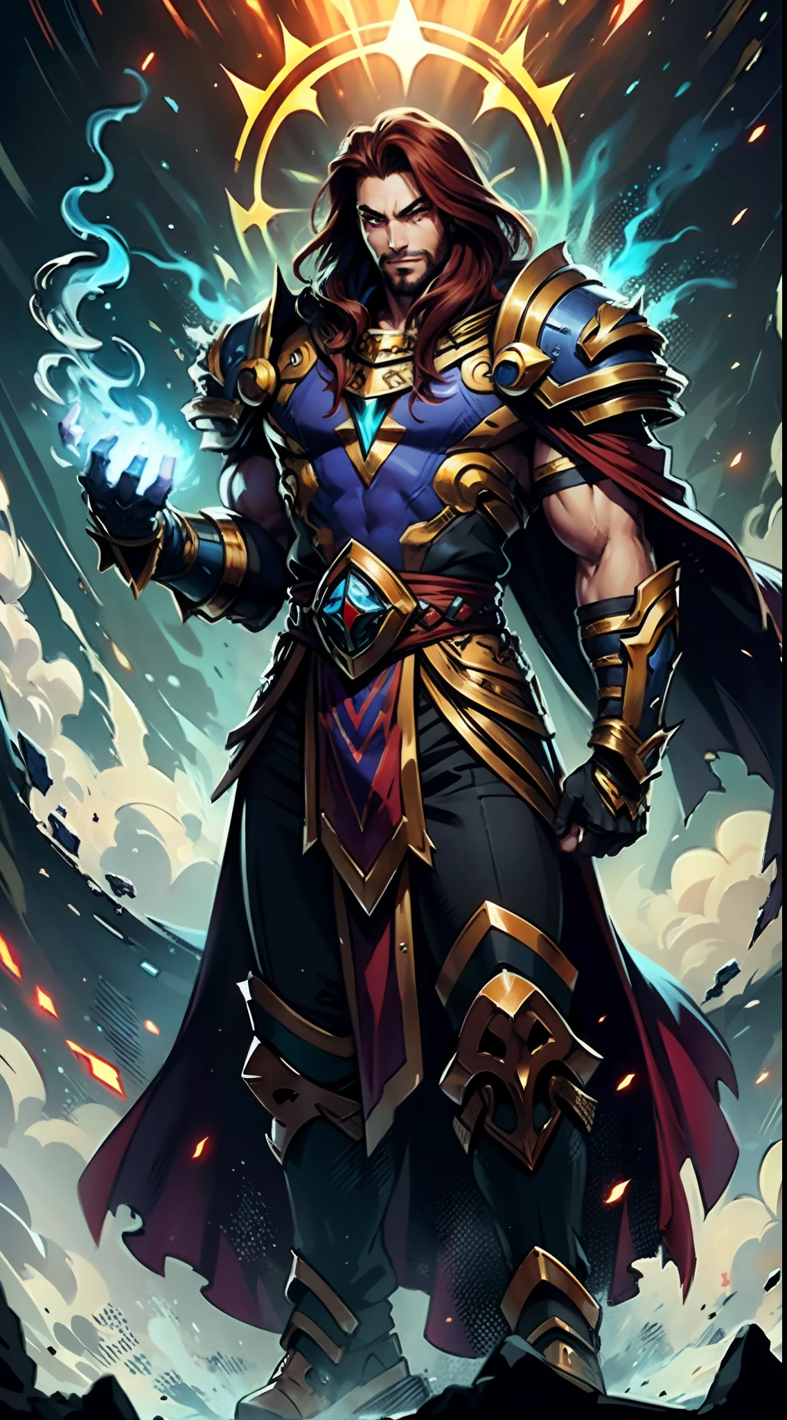 A man with long reddish-brown hair, wearing a red headband, an Eastern European face, deep and confident eyes, a confident smile, a red elongated totem mark on his face, a tall and strong physique, he wears a fantasy-style overlord attire, a blue-gold thick breastplate, a black tight-fitting undershirt, a massive cloak with heavy metal decorations, that cloak covers most of his body, thick red and blue heavy gauntlets, a metal belt with a thick long skirt-like hem, black pants, metal leg guards that match the gauntlets, he steps on the space with an awe-inspiring presence, red and blue and green energy surrounds him, red and blue and green Power surrounds him, white frost swirls around him, blue ice around him, red fire around him, purple Lightning around him, this character embodies a finely crafted fantasy-style overlord in anime style, characterized by an exquisite and mature manga illustration art style, high definition, best quality, highres, ultra-detailed, ultra-fine painting, extremely delicate, professional, anatomically correct, symmetrical face, extremely detailed eyes and face, high quality eyes, creativity, RAW photo, UHD, 8k, Natural light, cinematic lighting, masterpiece:1.5