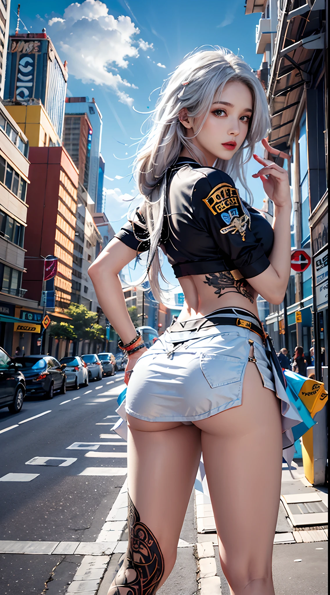 Photorealistic, high resolucion, Soft light, 1female, Solo, ass up, Dynamic Pose, radiant skin, jewellery, tattooed, streetwear, tee shirt, skirt