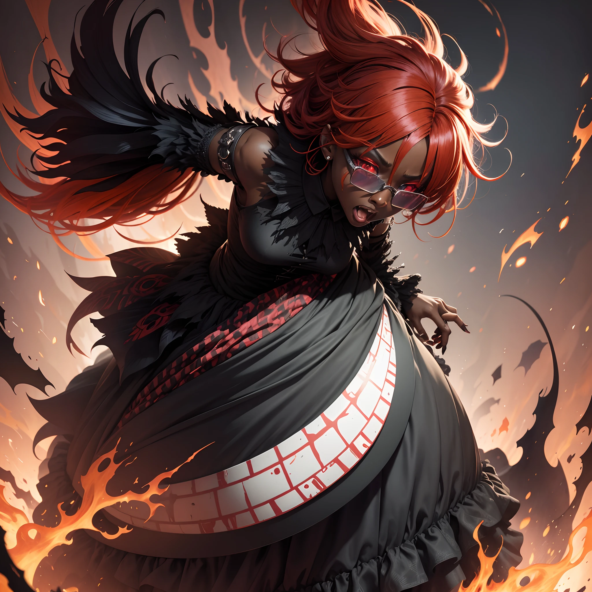 Chaos personification, discord, darkskin, african, red hair, black highlights, bangs, crazy expression, insane, asymmetrical clothing, random patterns, eyes, static glasses, long skirt, layered skirt