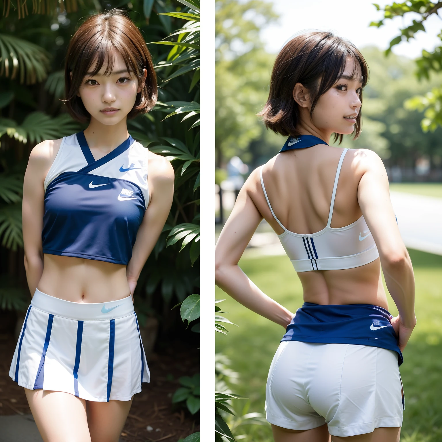 (Solo), (a detailed full-body RAW photo of a girl), (masutepiece:1.0), (Best Quality:1.4), (超A high resolution:1.2), (Photorealistic:1.4), 8K resolution, Canon EOS R5, 50 millimeters, absurderes, ultra-detailliert, (40), Cinematic lighting, Detailed beautiful face, (no-makeup:1.2), (ulzzang -6500-v1.1), petite figure, Detailed skin texture, (flat chest:1.4), (skinny and fit body:1.6), Detailed brown hair, sweltering,(Very short hair:1.5), (blue and white thin and see-through tank top with erect nipple and thin tennis skirt:1.5), upskirt, wind, More transparent, realistic glistening skin, Detailed texture, Cameltoe, well-developed abs, wet wear, blue sky, (kaera kimura:0.7), bikini tan, (skirts lift:1.2)
