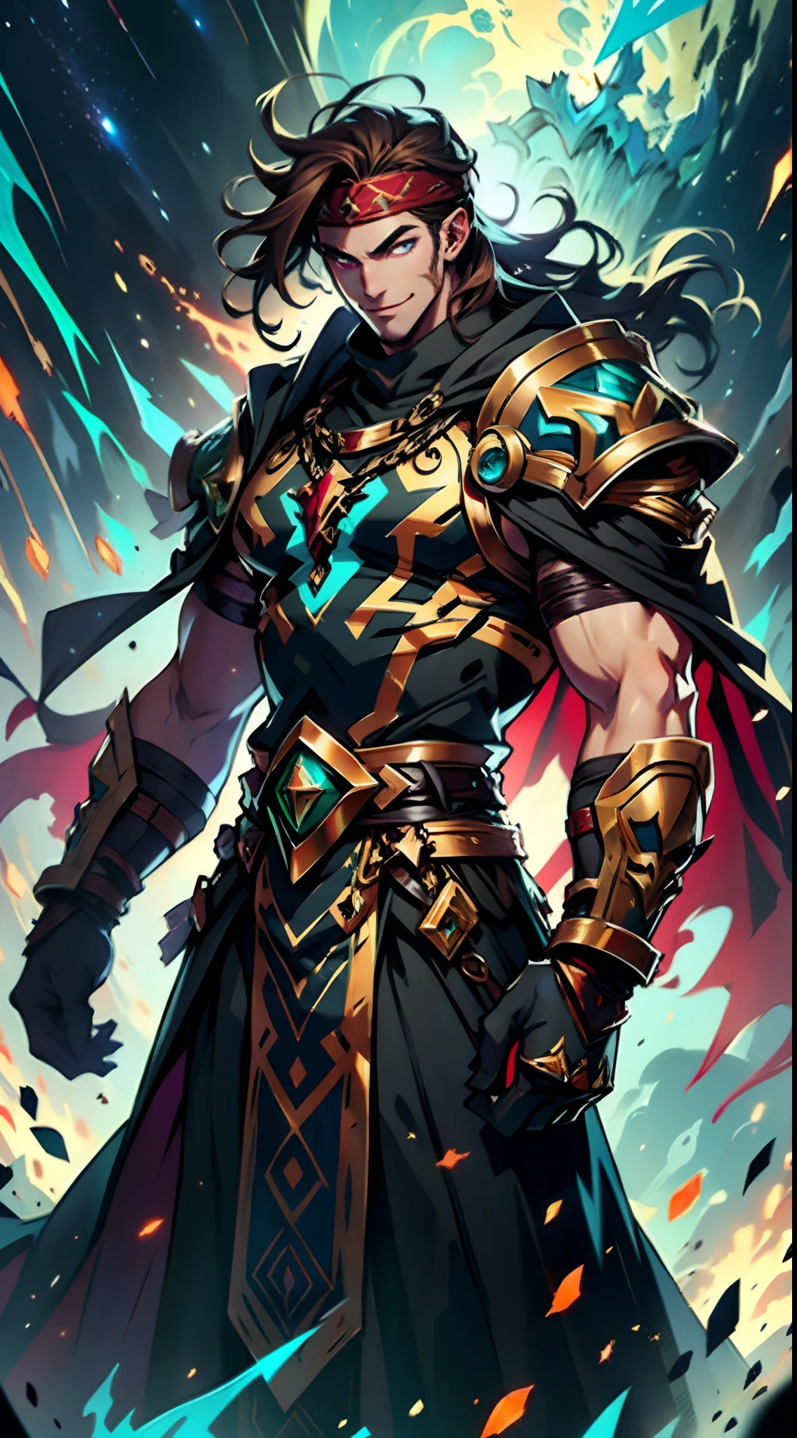 A man with long reddish-brown hair, wearing a red headband, an Eastern European face, deep and confident eyes, a confident smile, a red elongated totem mark on his face, a tall and strong physique, he wears a fantasy-style overlord attire, a blue-gold thick breastplate, a black tight-fitting undershirt, a massive cloak with heavy metal decorations, that cloak covers most of his body, thick red and blue heavy gauntlets, a metal belt with a thick long skirt-like hem, black pants, metal leg guards that match the gauntlets, he steps on the space with an awe-inspiring presence, red and blue and green energy surrounds him, red and blue and green Power surrounds him, white frost swirls around him, blue ice around him, red fire around him, purple Lightning around him, this character embodies a finely crafted fantasy-style overlord in anime style, characterized by an exquisite and mature manga illustration art style, high definition, best quality, highres, ultra-detailed, ultra-fine painting, extremely delicate, professional, anatomically correct, symmetrical face, extremely detailed eyes and face, high quality eyes, creativity, RAW photo, UHD, 8k, Natural light, cinematic lighting, masterpiece:1.5