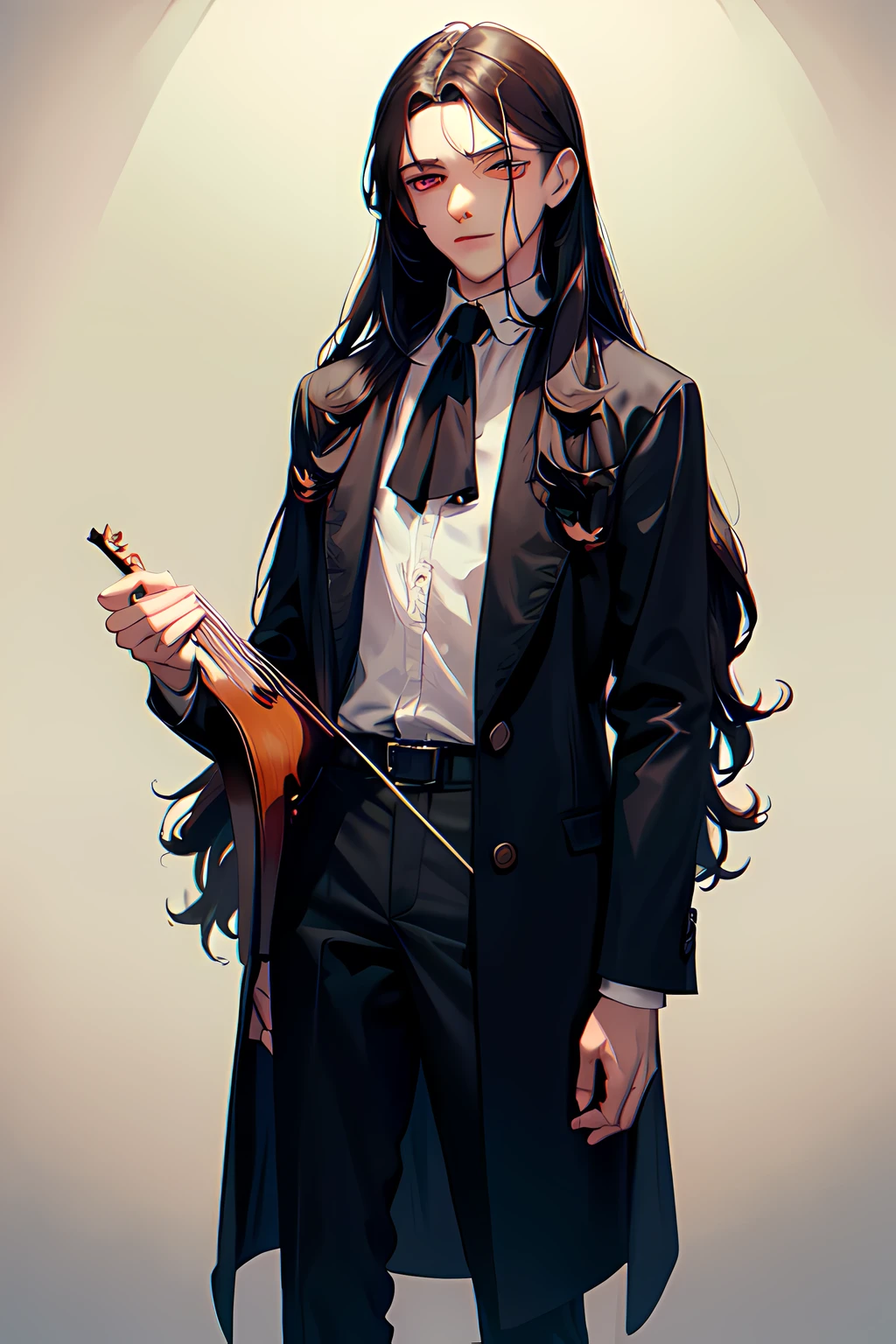 a young male vampire with long, wavy hair solemnly plays his violin. He has an oval-shaped face and large red eyes that are slightly downturned at the corners. His lips are full and his nose is small and upturned. He wears an open black jacket with a white button-up collared shirt underneath. 

The young male vampire's hair is dark brown in color and falls past his shoulders in loose waves that frame his face nicely. His skin tone appears to be pale tan or olive colored. 

The expression on this young vampire male's face could best be described as contentment or serenity; he looks relaxed yet alert, as if he were taking time off from something else to enjoy some peace and quiet for himself alone. This feeling of calmness radiates outward from his body language - he stands tall but not rigidly so; one arm hangs loosely by his side while the other rests gently against his hip.