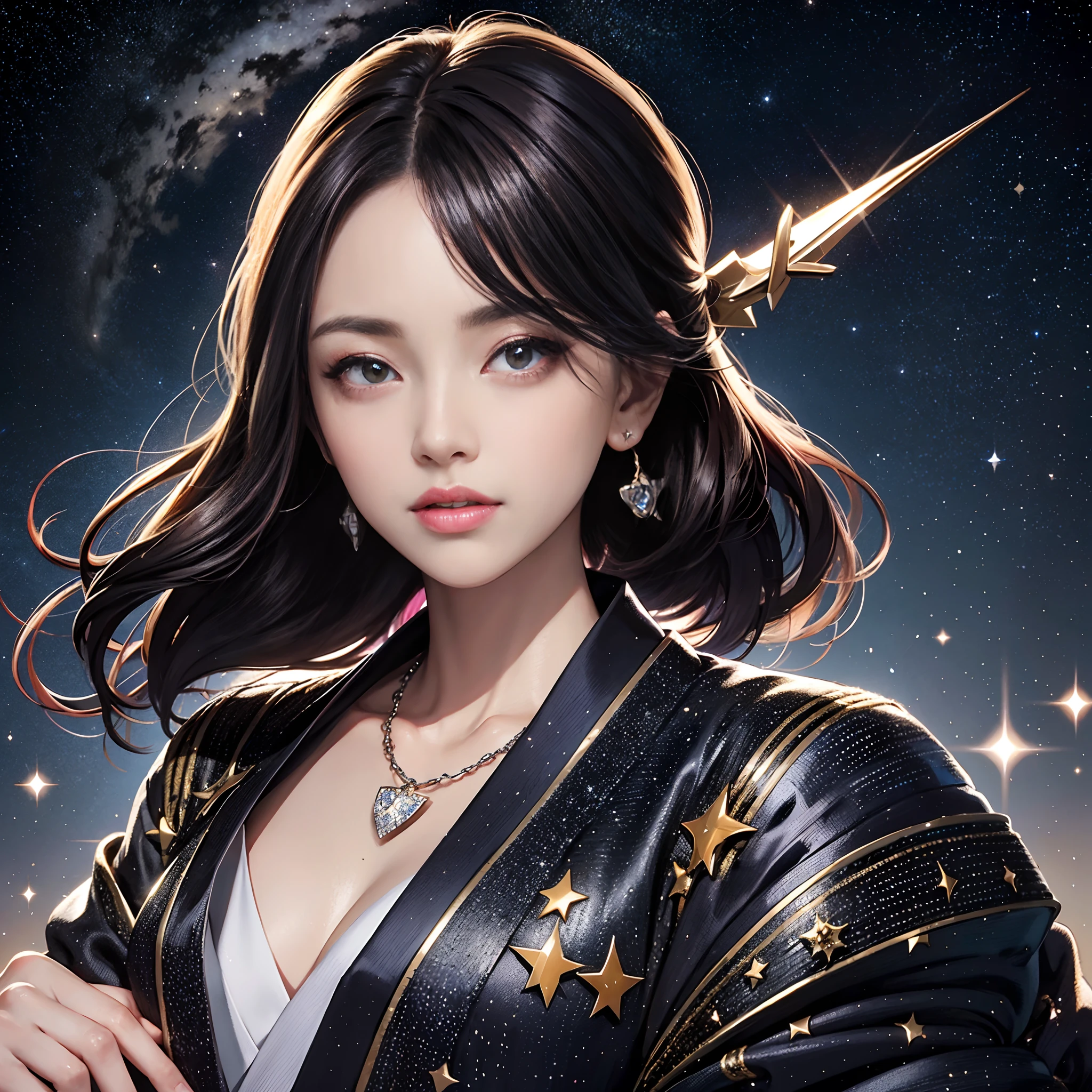 BRAEK,Background of details(Starry Night(Lots of stars(Shining stars(Stars like diamonds)))),BREAK,elaborate costume{Luxury kimono(Colorful kimono(detailed embroidery,))}、1womanl(Beautiful and classy adult woman(glossy dark hair(poneyTail:1))),(Spread your hands upwards),(Japanese actressl:1.2),(face perfect(Shy):1.2,(Heart in the eye)), Blake Wallpapers 16K,Blur the background with a sickle,(masutepiece:1.5), (Best Quality:1.5),(Portrait photos:1.5),full body Esbian