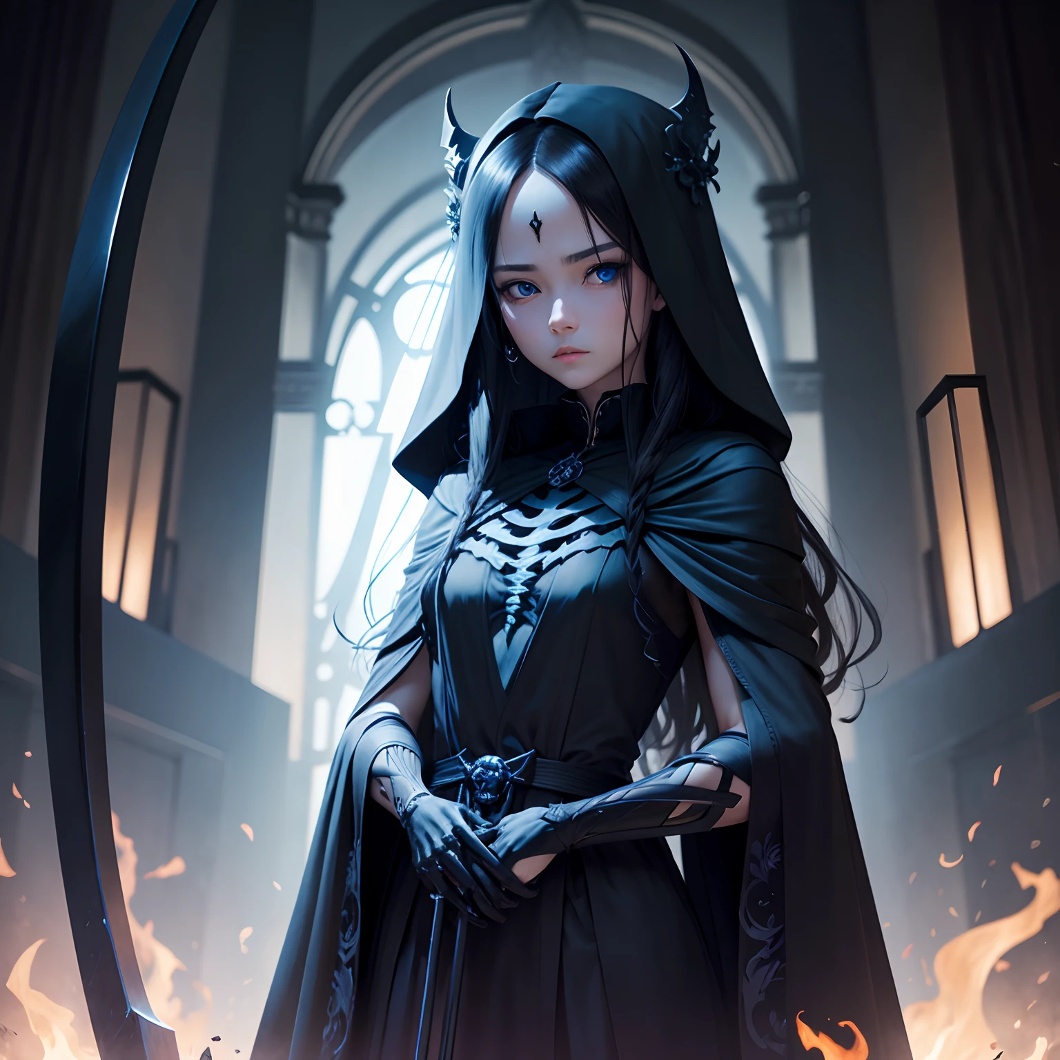 Black Void、Dark blue eyes、The black robe of the domineering skeleton、A scythe of eerie majesty