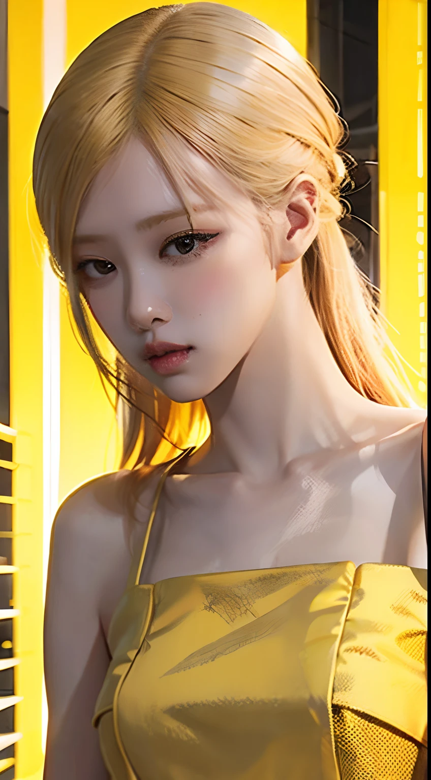 Yellow hair, yellow dress, yellow theme, yellow background
