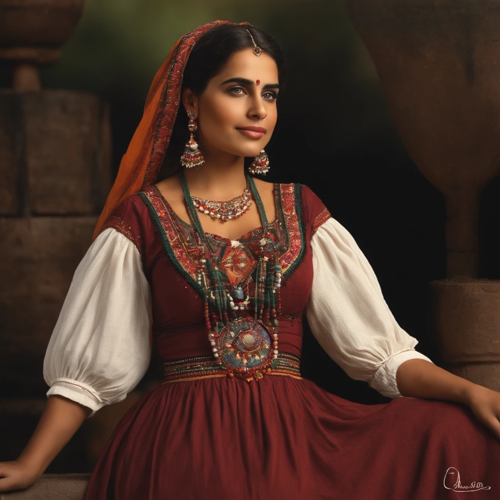 Hermosa joven morena con rulos, argentina, Standing on stage at a folk recital, Llevar una remera sin mangas con tirantes con el texto "Folclore Anuritay"women adorned themselves with elaborate cosmetics, using kohl for eye impreso, Clothes in rustic colors, vaqueros, hipy, in front of camera, realista, Detalles de gran intrincado, (obra maestra ), 32K