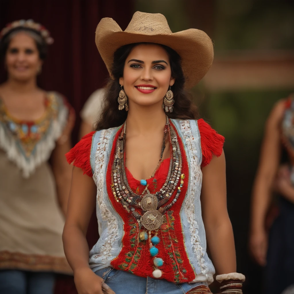Hermosa joven morena con rulos, argentina, Standing on stage at a folk recital, Llevar una remera sin mangas con tirantes con el texto "Folclore Anuritay"women adorned themselves with elaborate cosmetics, using kohl for eye impreso, Clothes in rustic colors, vaqueros, hipy, in front of camera, realista, Detalles de gran intrincado, (obra maestra ), 32K