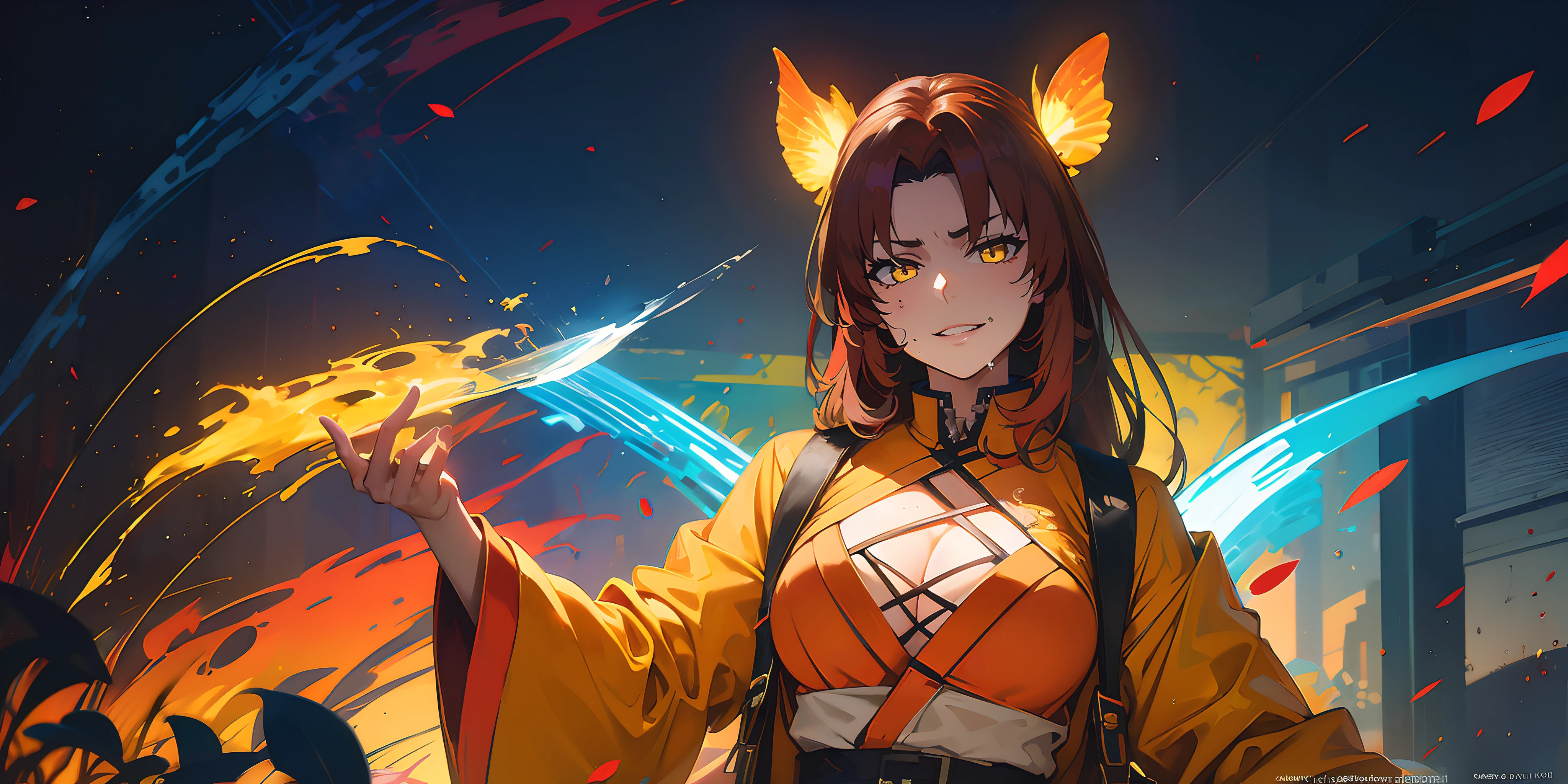 murata_himeko, (red hair, long hair:1.6), yellow eyes, sweating, glowing eyes, heavy breathing, epic art, fantasy art, butterfly,  lantern, wide_sleeves, 1girl, blue_butterfly, standing, lips, instrument, long_sleeves, looking_at_viewer,  chinese_clothes, glow effects, godrays, Hand drawn, render, 8k, octane render, cinema 4d, blender, dark, atmospheric 4k ultra detailed, cinematic, Sharp focus, big depth of field, Masterpiece, colors, 3d octane render, 4k, concept art, trending on artstation, hyperrealistic, Vivid colors, extremely detailed CG unity 8k wallpaper, trending on CGSociety, Intricate, High Detail, dramatic,