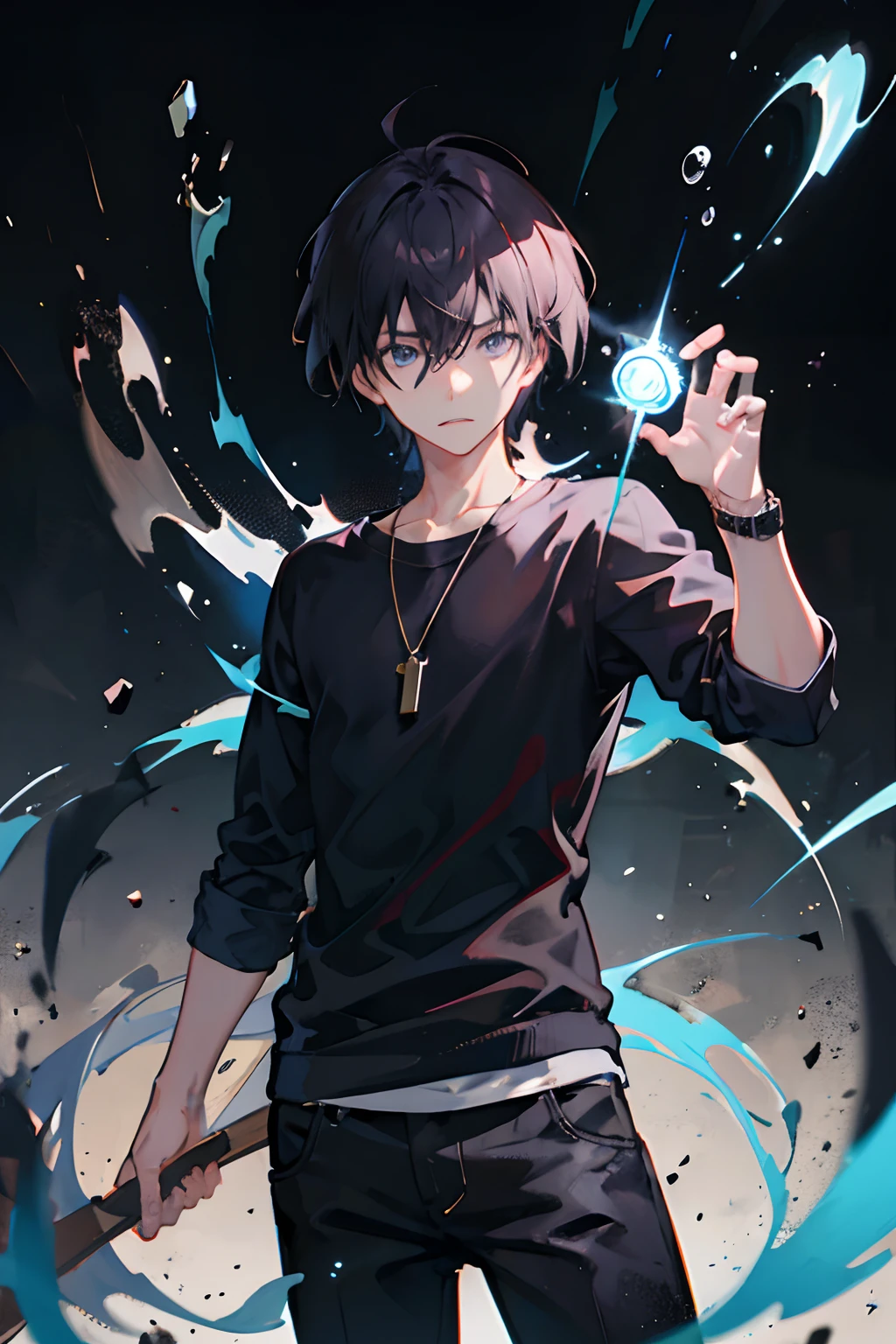 1boy, bangs, berry, black hair, black shirt, blue eyes, hair between eyes, looking at viewer, male focus, black pants, gray sweater, solo, watch, messy hair, using magic, purple magic, trending on artstation, 8k resolution, highly detailed, anatomically correct, sharp image, digital painting, concept art, trending on pixiv, style of makoto shinkai,