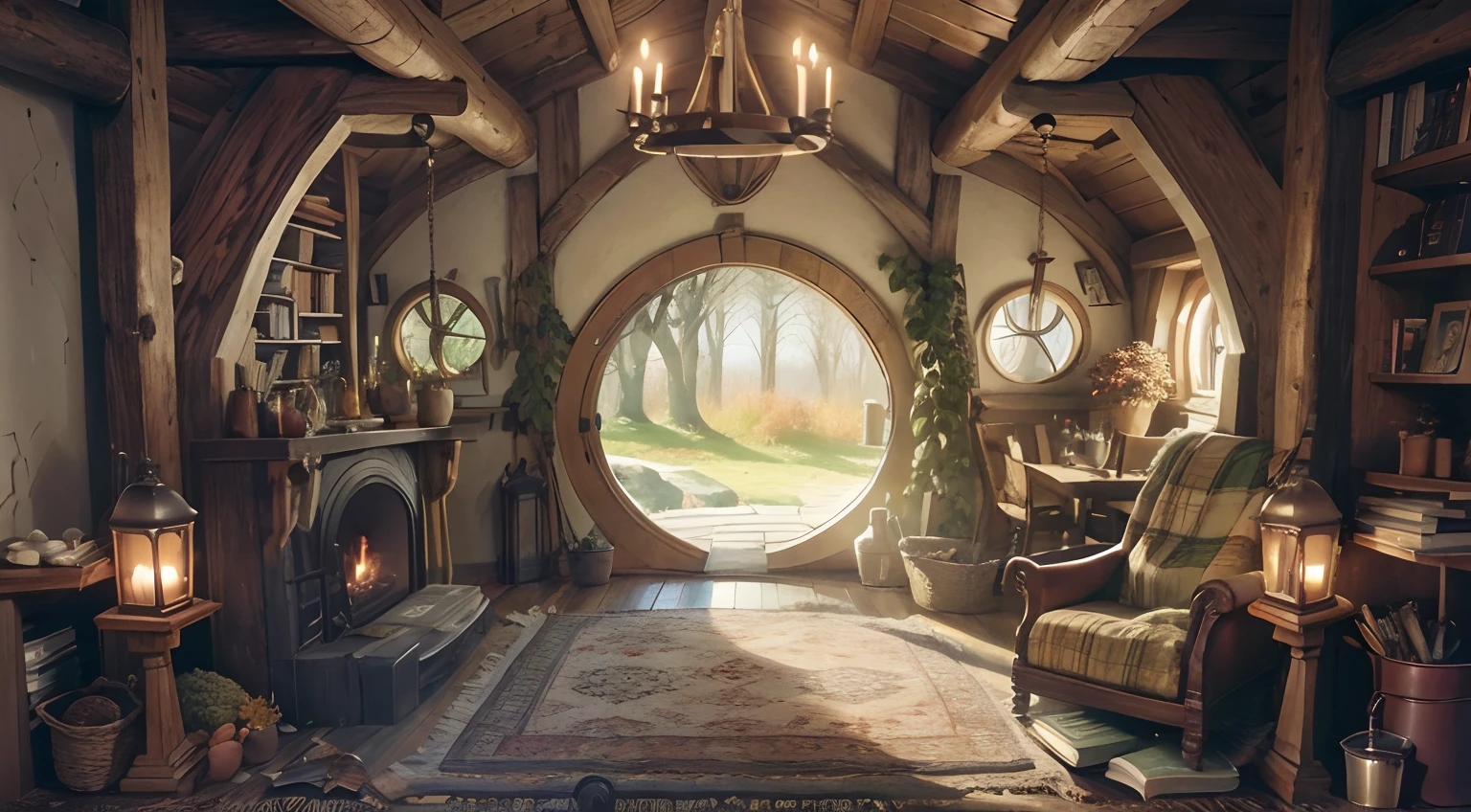 A close up of a room with a fireplace and a door - SeaArt AI
