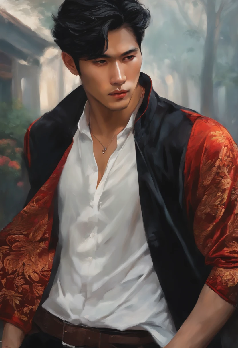 1 Asian man, Camisa Preta, casaco branco, olhos detalhados, luz suave, cores escuras, oil painting style, anime