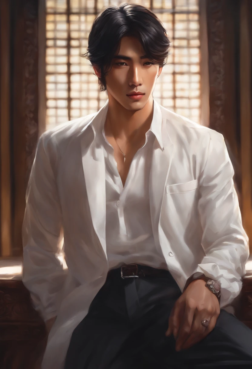 1 Asian man, Camisa Preta, casaco branco, olhos detalhados, luz suave, cores escuras, oil painting style, anime