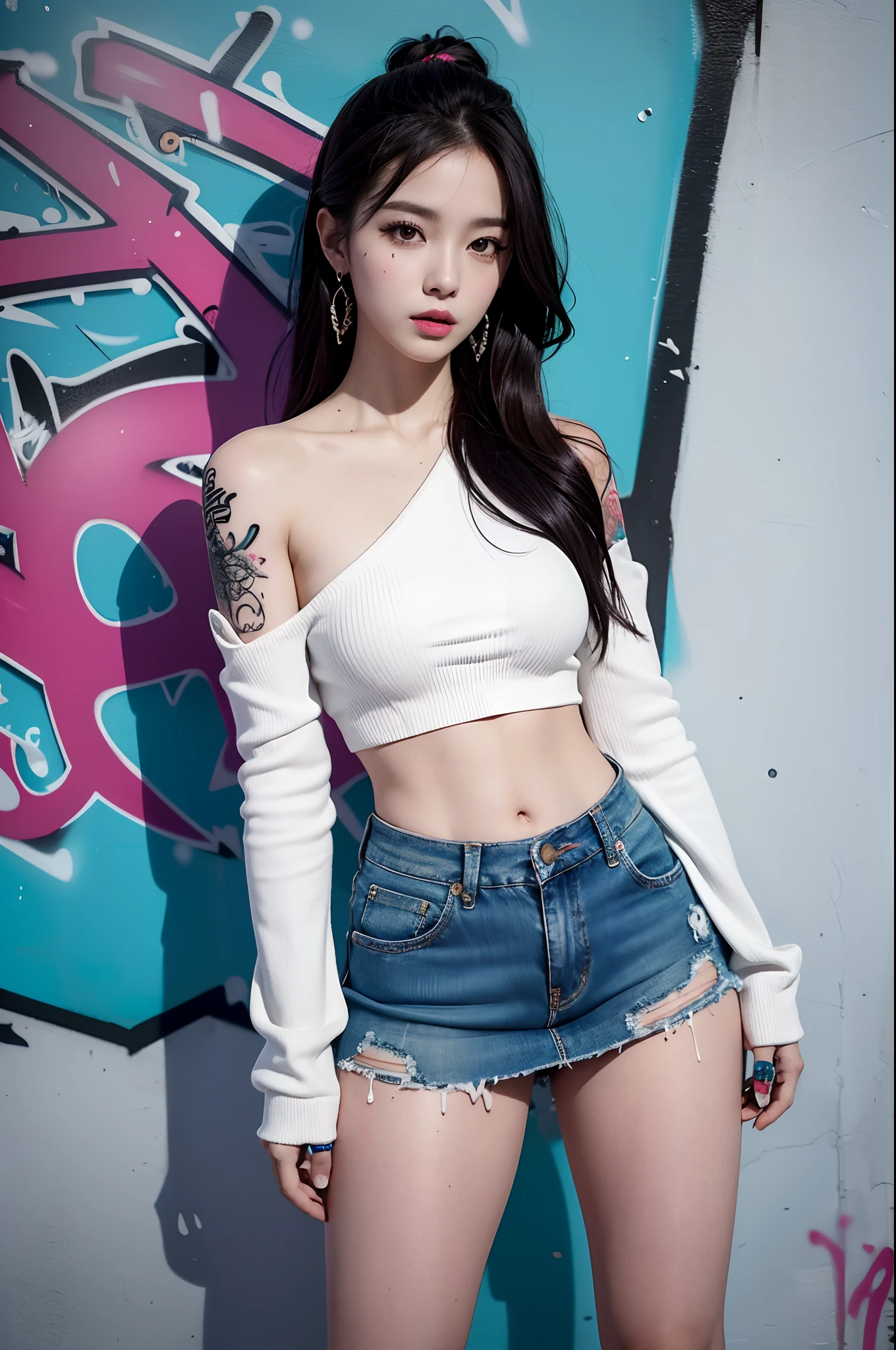 (highest image quality), (masterpiece), (vibrant, photography realistic, Realistic, Dramatic, Dark, Sharp focus, 8K), Full color drawing of korean girl hip-hop, hip-hop, hip-hop, hip-hop, miniskirt jeans, rapping (((graffiti art))), in a sea background, crazy details, intricate details, hyper details , Low Contrast, Cinematic Soft Light, Exposure Blend, HDR, Front (1girl), bare legs, bare shoulder, (colorful hair), music, white skin, sexy, luxury, model pose , (detailed face, lip, nose, rouge, eyeshadow, lipstick, gorgeous face), thigh high skirt, (all body), (all body get tattoo:1.2), pink sneaker, nice body